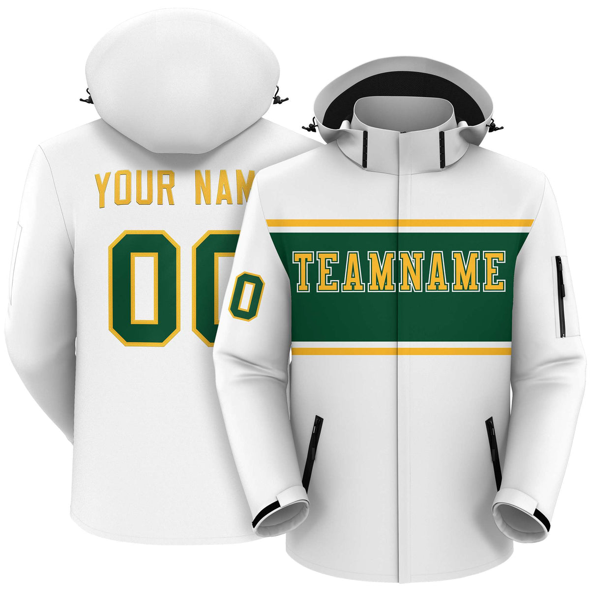 Custom White Gold-Green Color Block Personalized Outdoor Hooded Waterproof Jacket