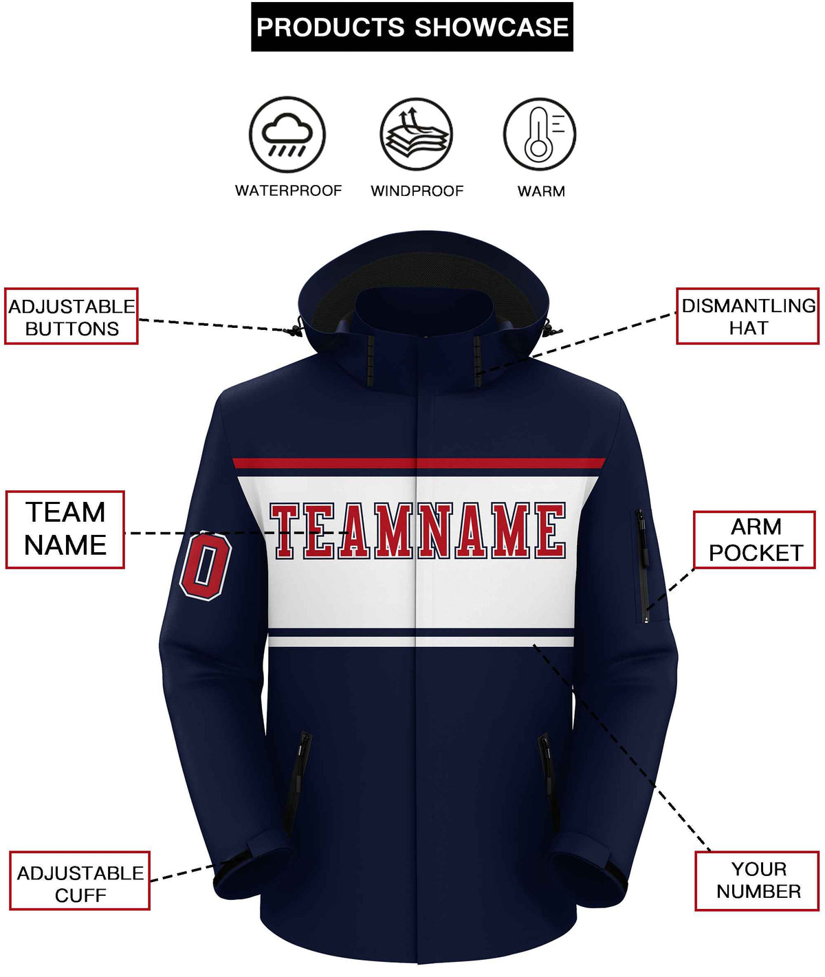 Custom Navy Red-White Color Block Personalized Outdoor Hooded Waterproof Jacket