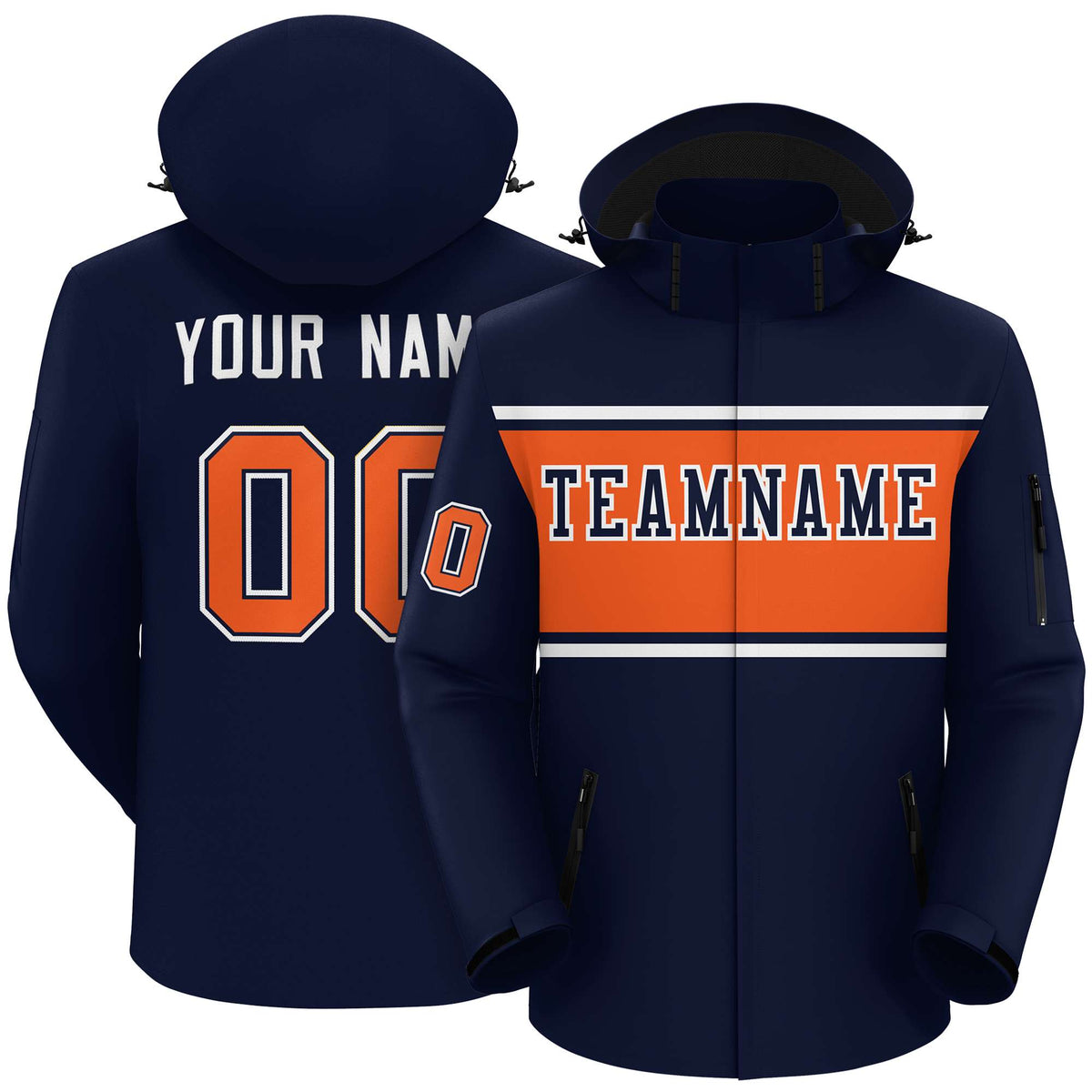 Custom Navy White-Orange Color Block Personalized Outdoor Hooded Waterproof Jacket