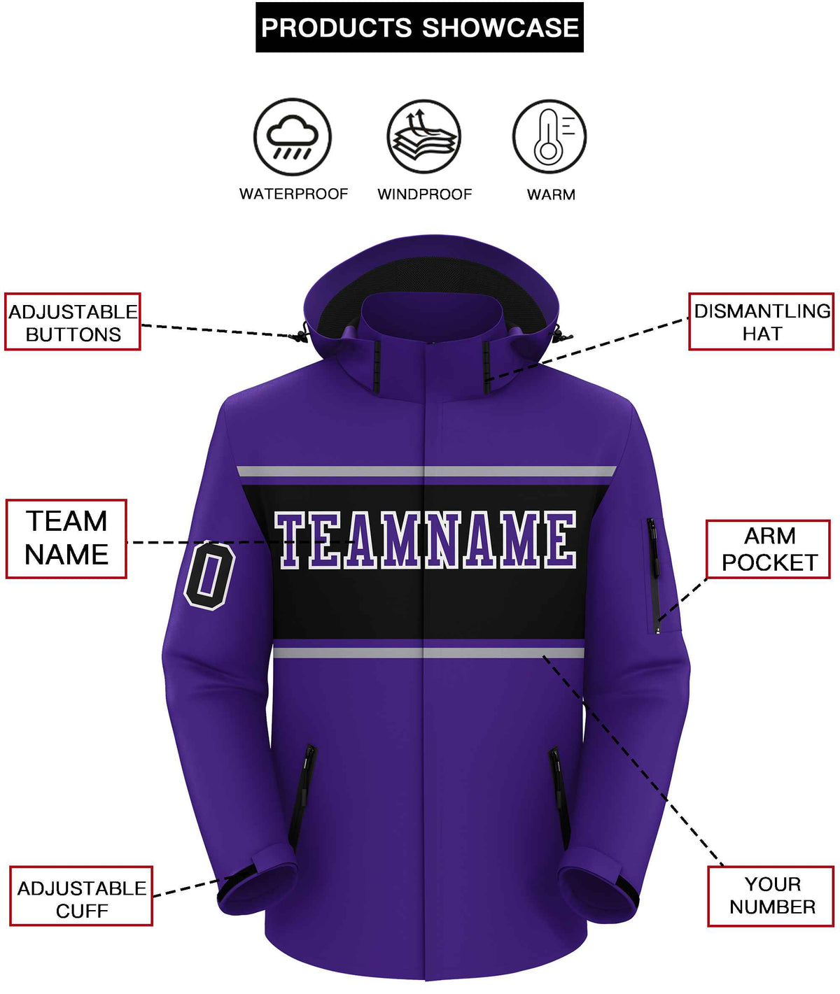 Custom Purple Gray-Black Color Block Personalized Outdoor Hooded Waterproof Jacket