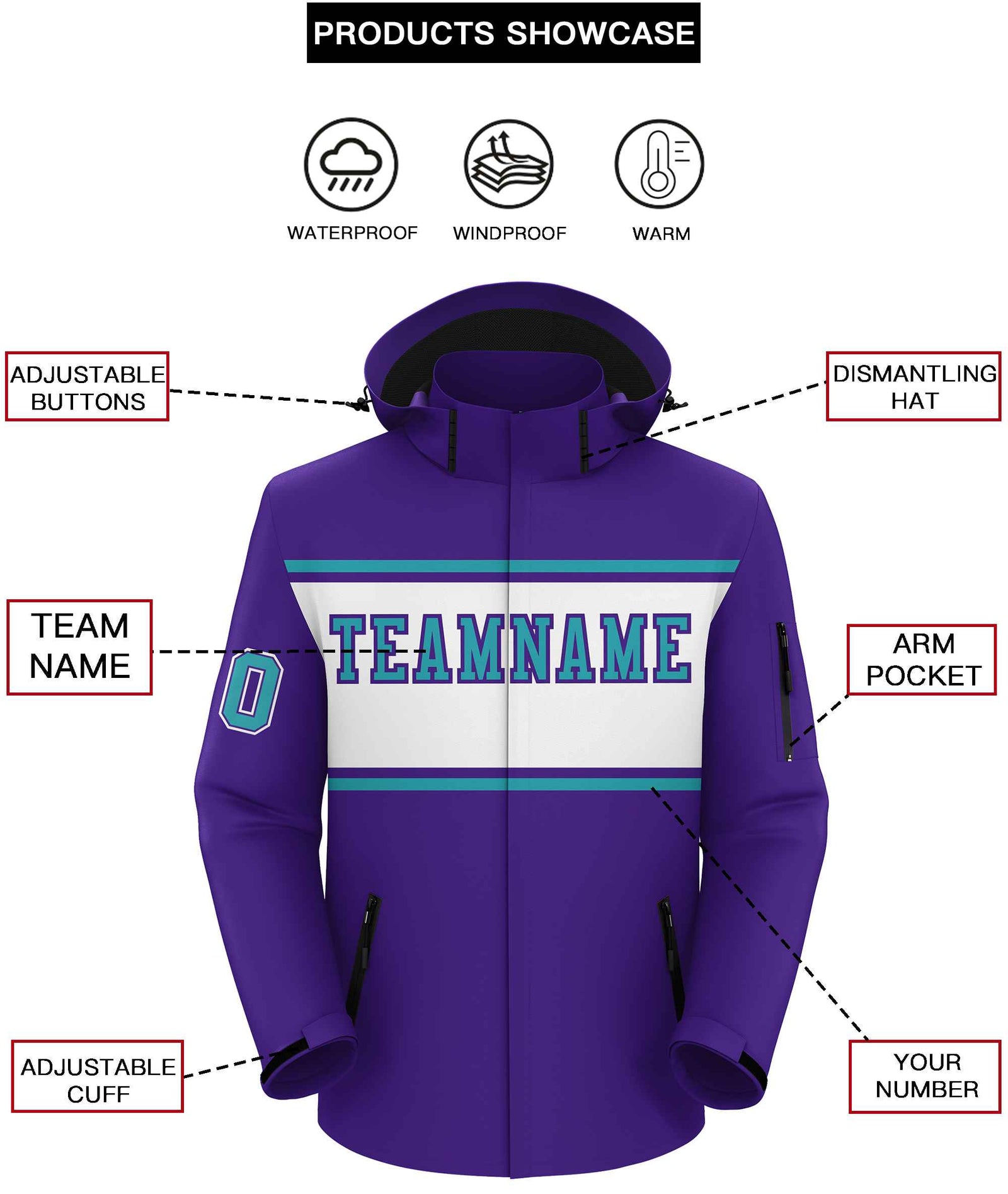 Custom Purple Aqua-White Color Block Personalized Outdoor Hooded Waterproof Jacket