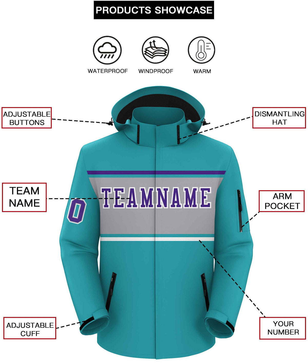 Custom Aqua Purple-Gray Color Block Personalized Outdoor Hooded Waterproof Jacket