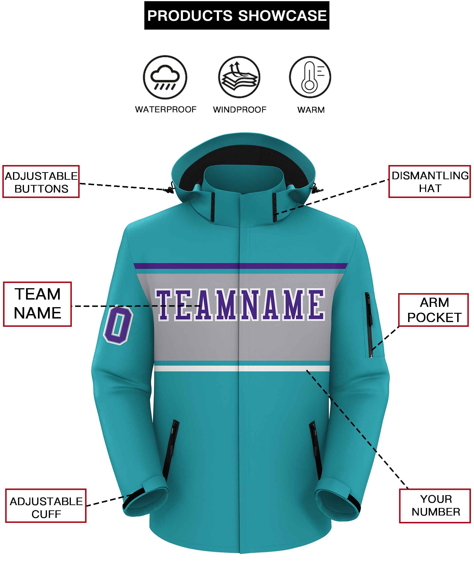 Custom Aqua Purple-Gray Color Block Personalized Outdoor Hooded Waterproof Jacket