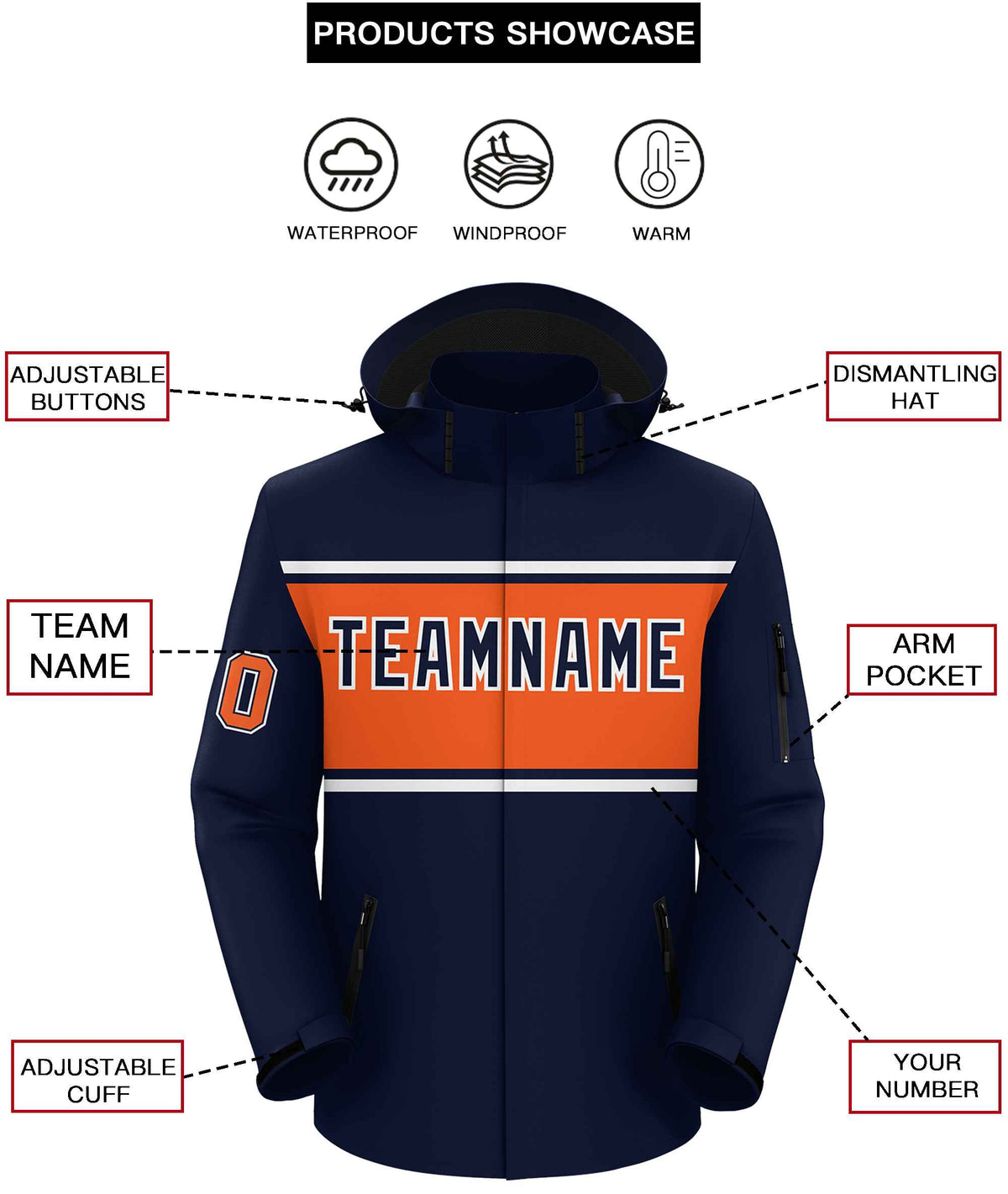Custom Navy White-Orange Color Block Personalized Outdoor Hooded Waterproof Jacket