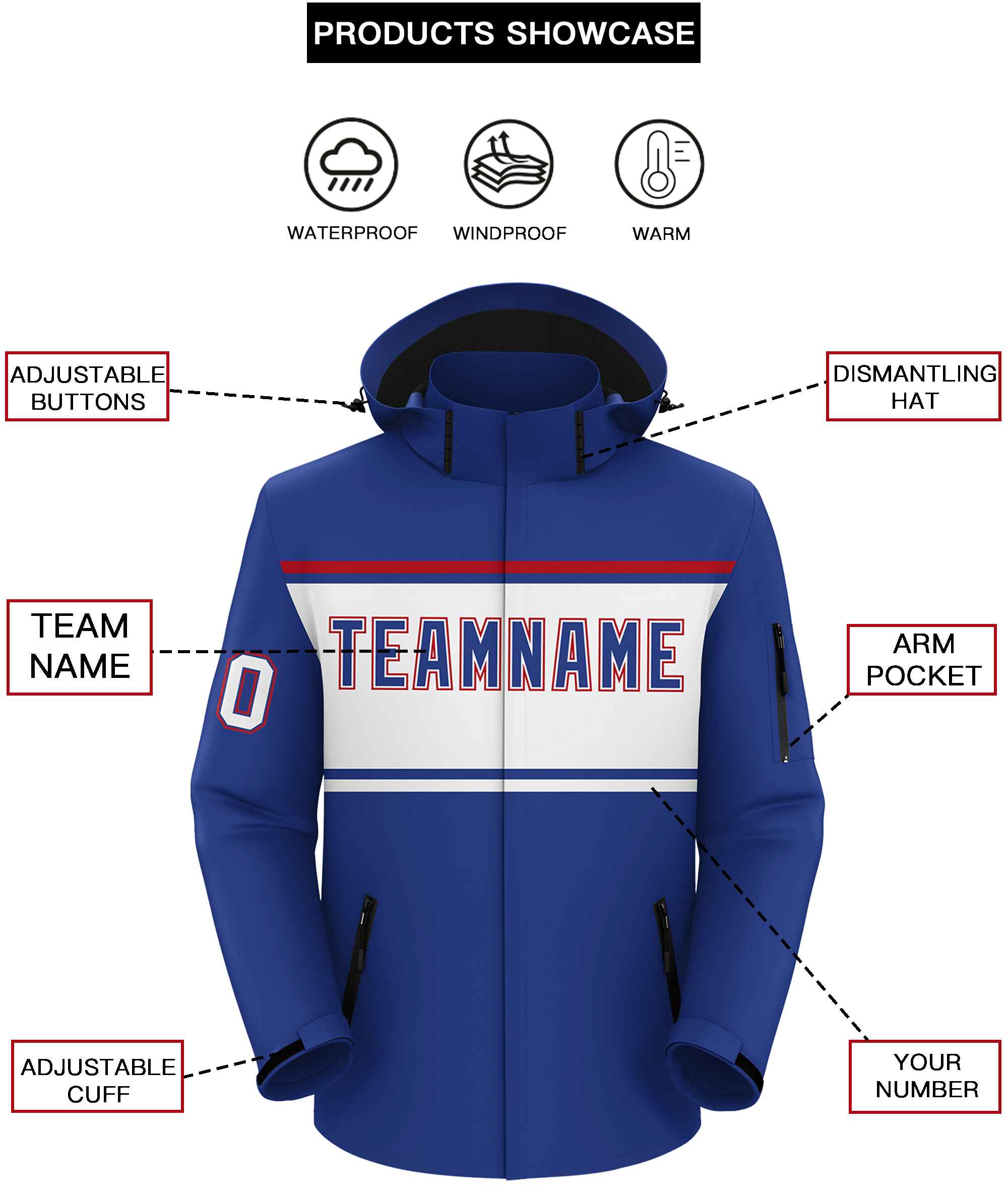 Custom Royal Red-White Color Block Personalized Outdoor Hooded Waterproof Jacket