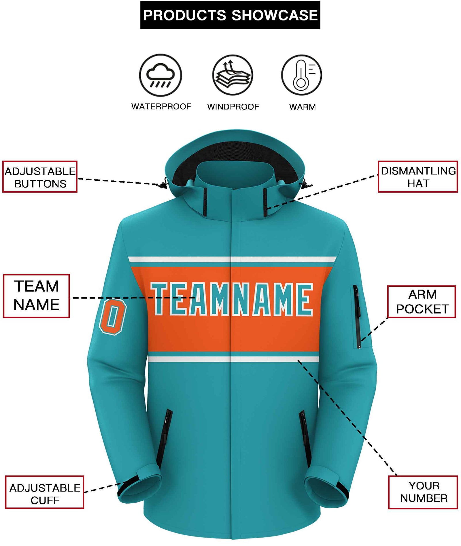 Custom Aqua White-Orange Color Block Personalized Outdoor Hooded Waterproof Jacket