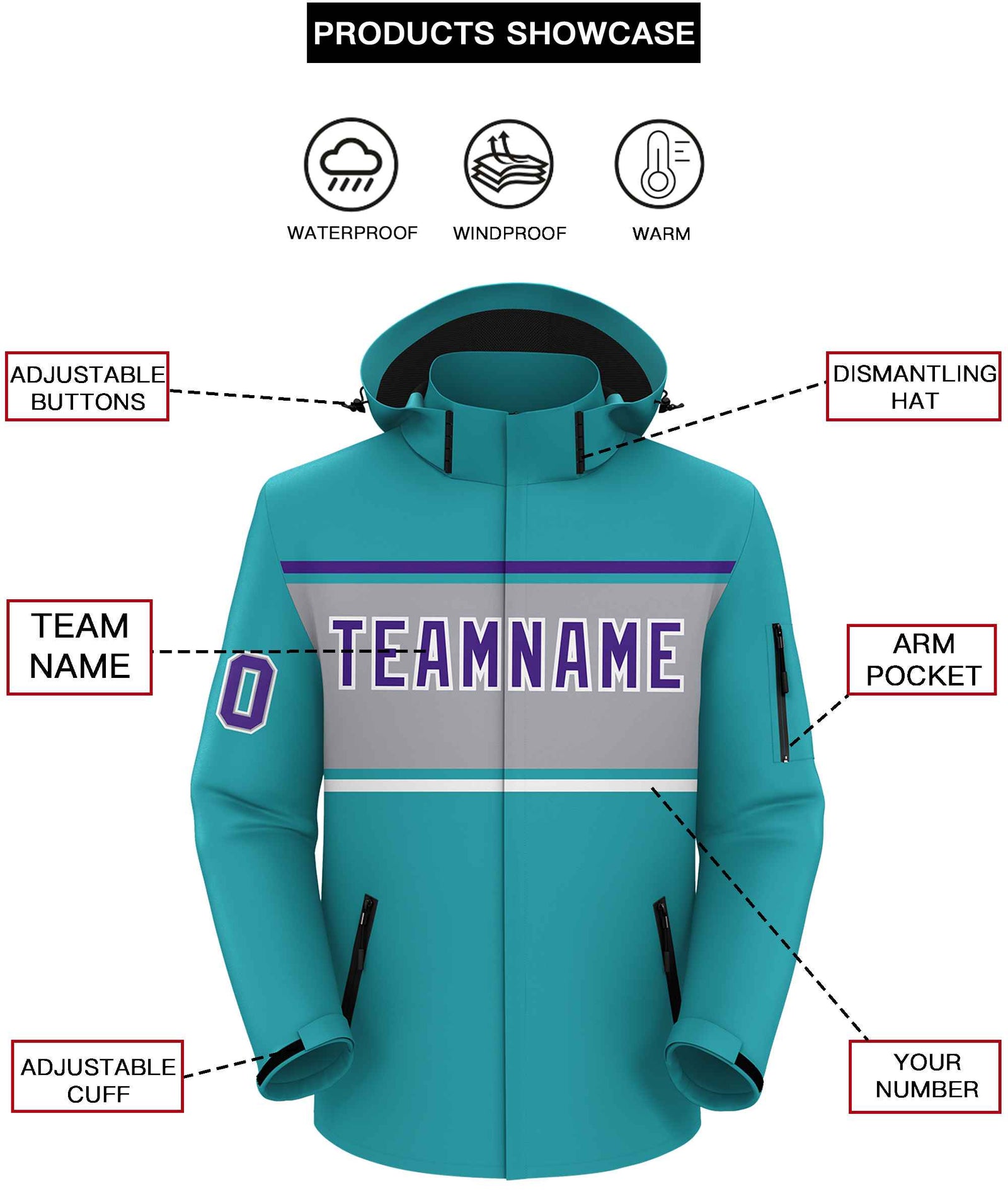Custom Aqua Purple-Gray Color Block Personalized Outdoor Hooded Waterproof Jacket