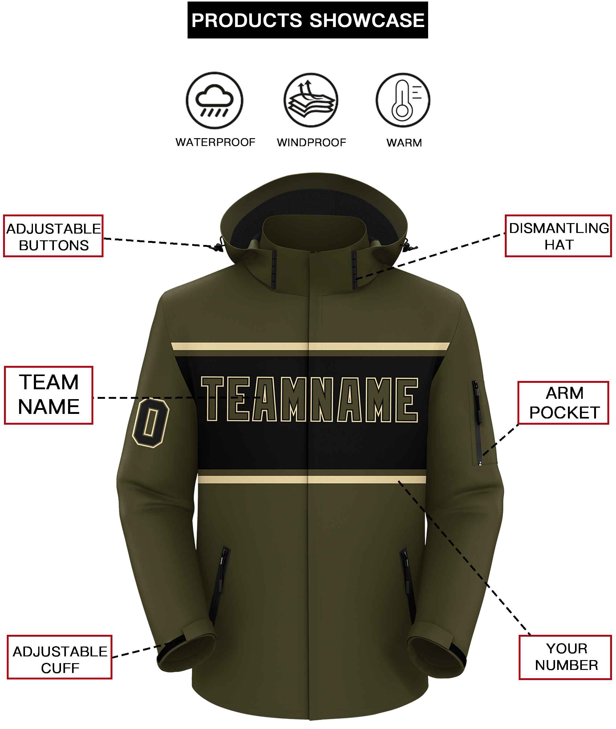 Custom Olive Khaki-Black Color Block Personalized Outdoor Hooded Waterproof Jacket