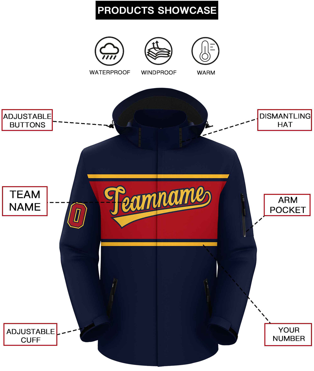 Custom Navy Gold-Red Color Block Personalized Outdoor Hooded Waterproof Jacket