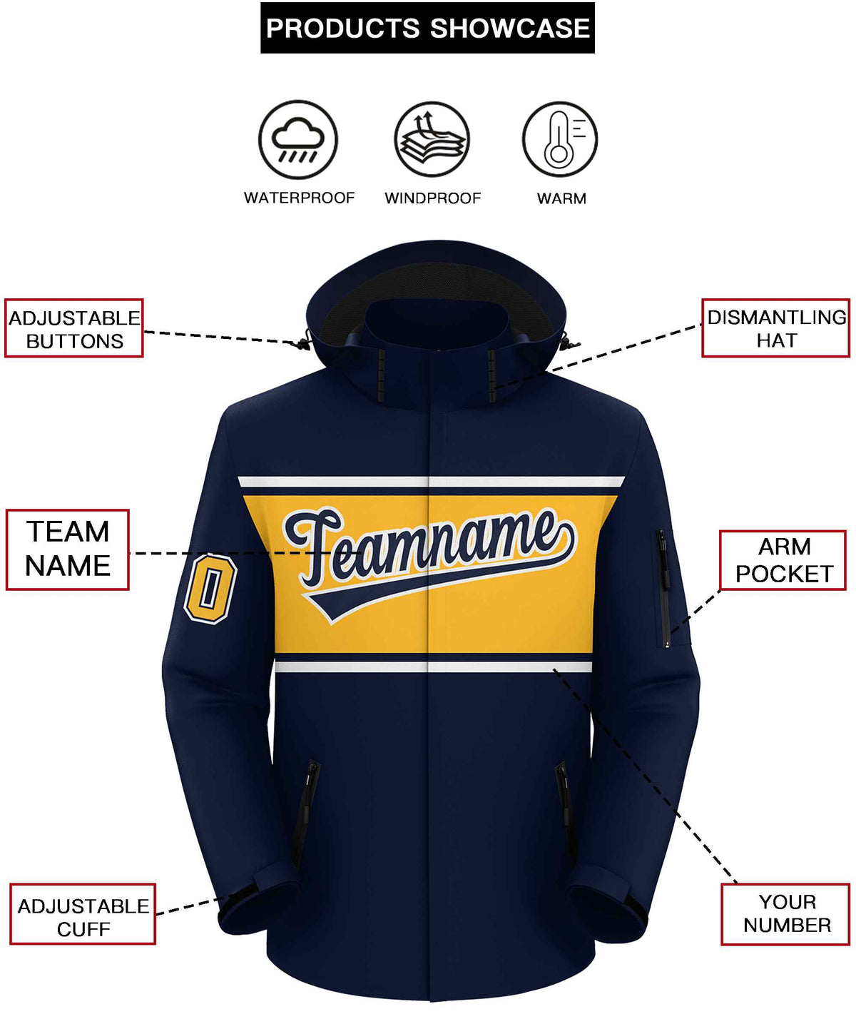 Custom Navy White-Gold Color Block Personalized Outdoor Hooded Waterproof Jacket