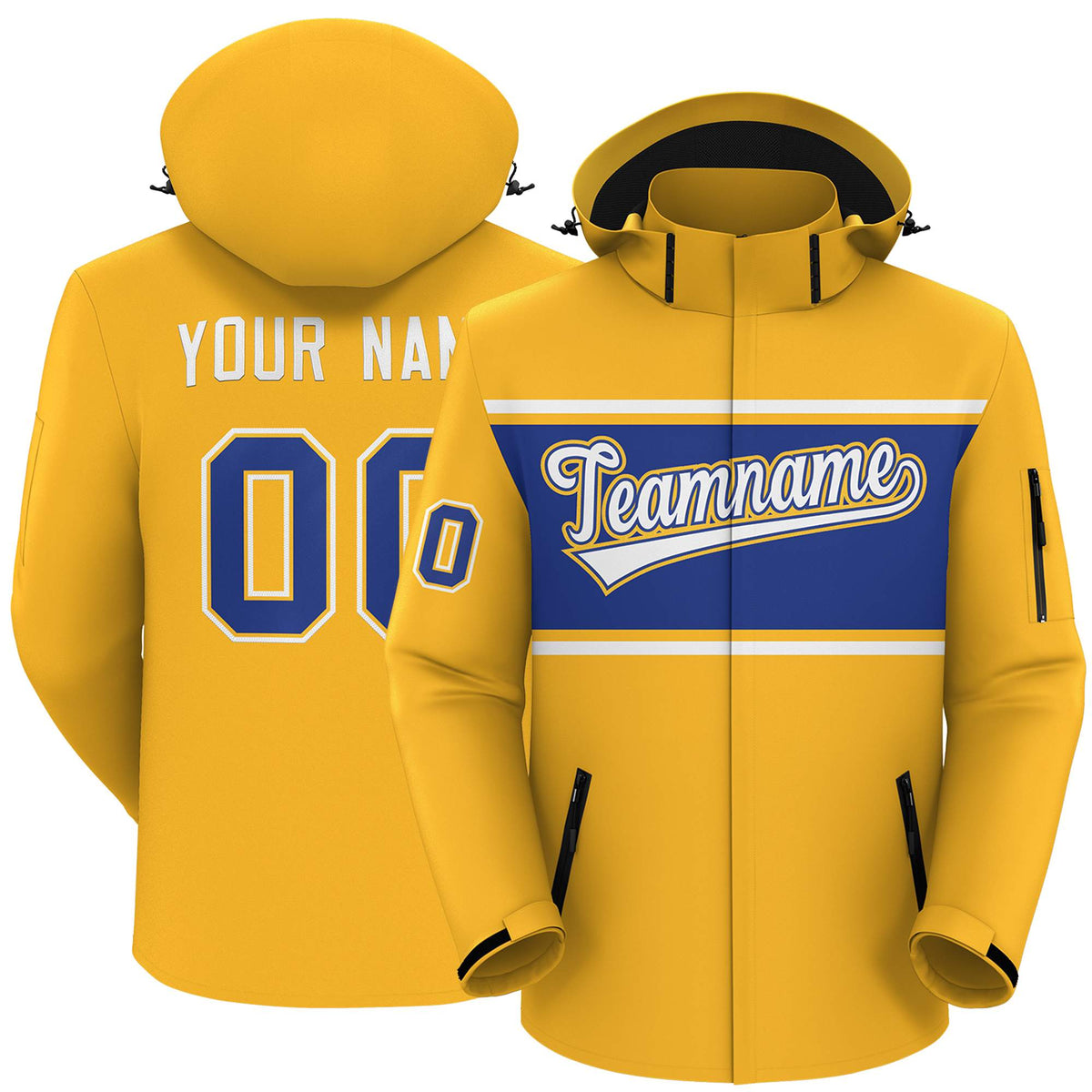 Custom Gold White-Royal Color Block Personalized Outdoor Hooded Waterproof Jacket
