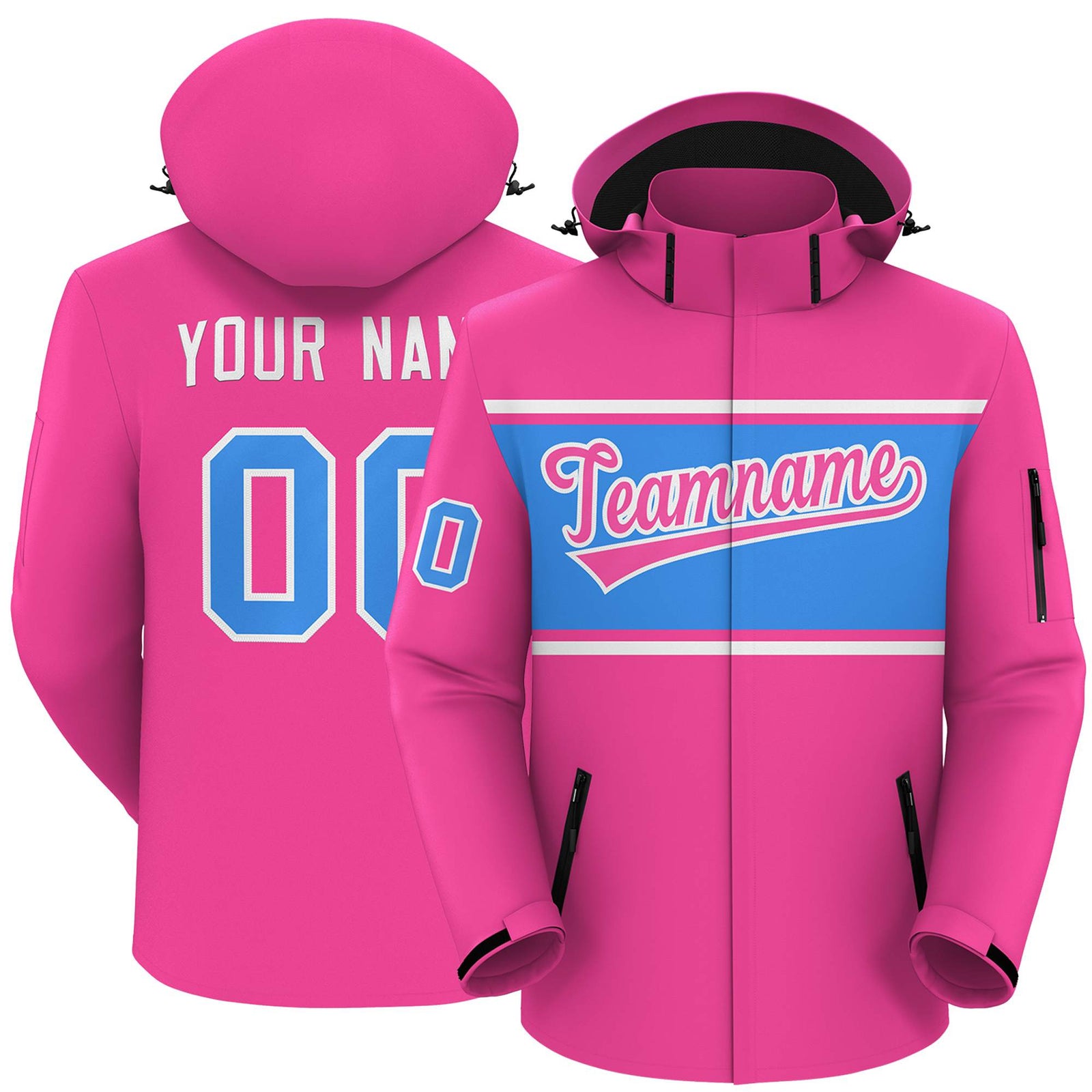 Custom Pink White-Powder Blue Color Block Personalized Outdoor Hooded Waterproof Jacket