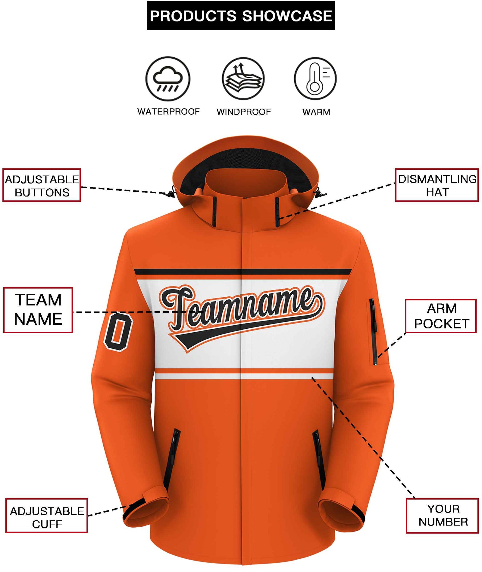 Custom Orange Black-White Color Block Personalized Outdoor Hooded Waterproof Jacket