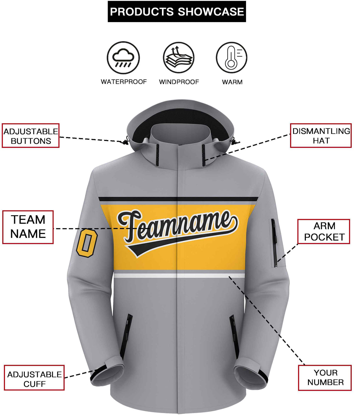 Custom Gray Black-Gold Color Block Personalized Outdoor Hooded Waterproof Jacket