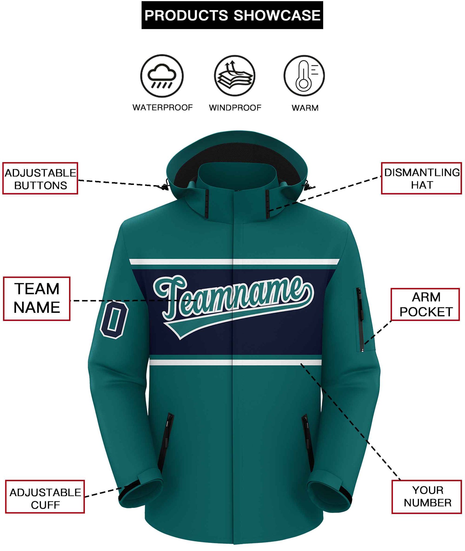 Custom Aqua White-Navy Color Block Personalized Outdoor Hooded Waterproof Jacket