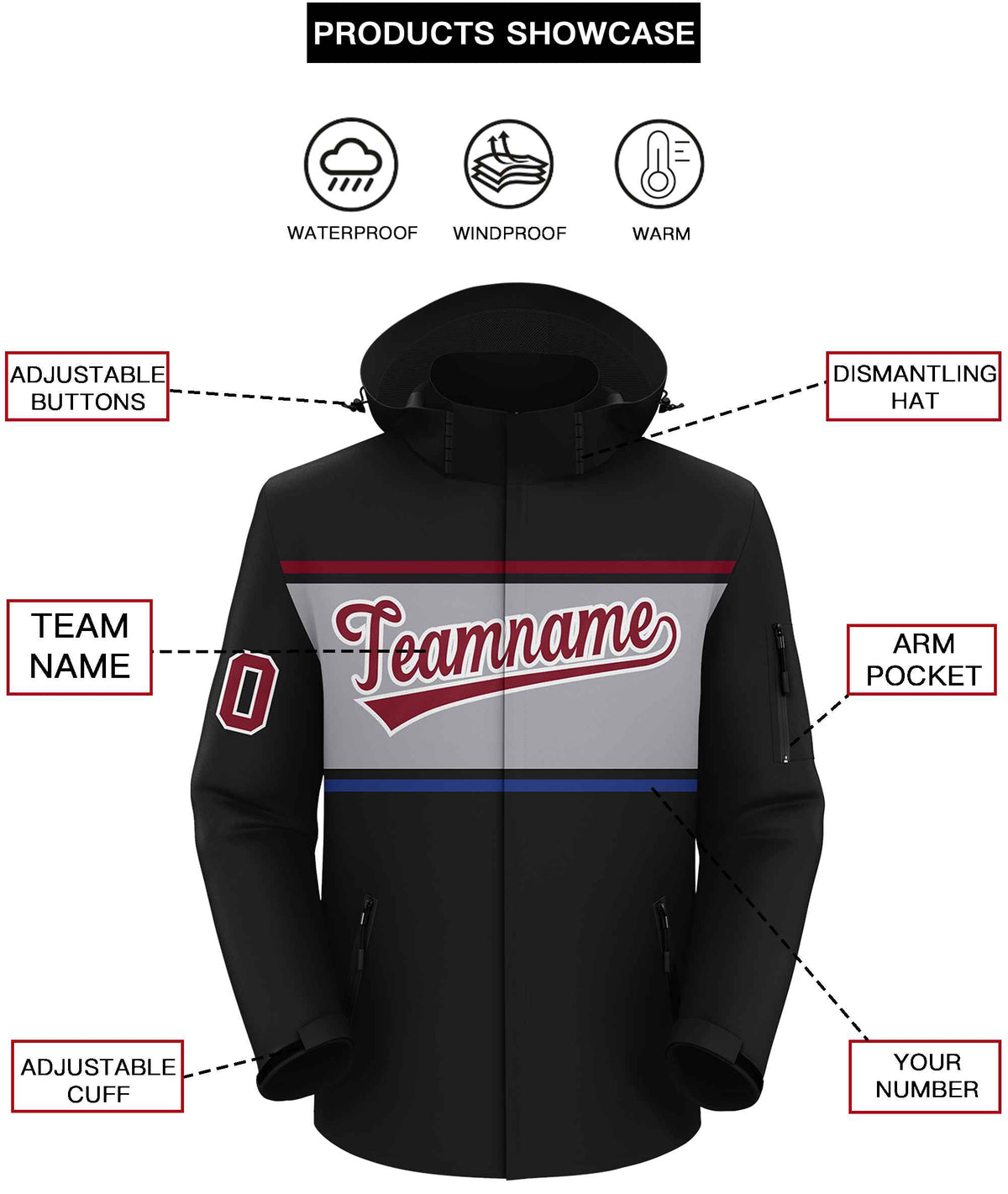 Custom Black Crimson-Gray Color Block Personalized Outdoor Hooded Waterproof Jacket