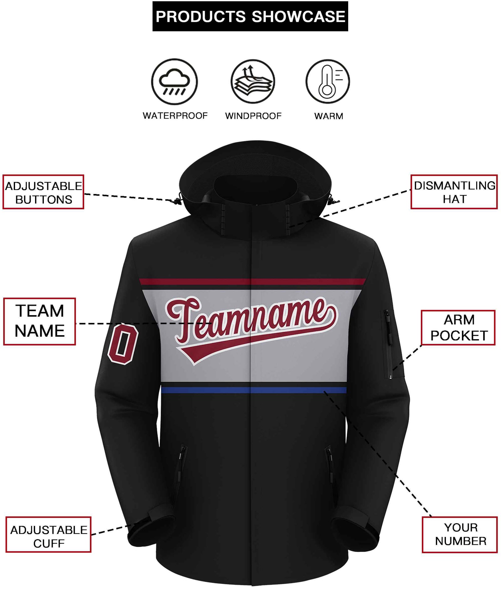 Custom Black Crimson-Gray Color Block Personalized Outdoor Hooded Waterproof Jacket