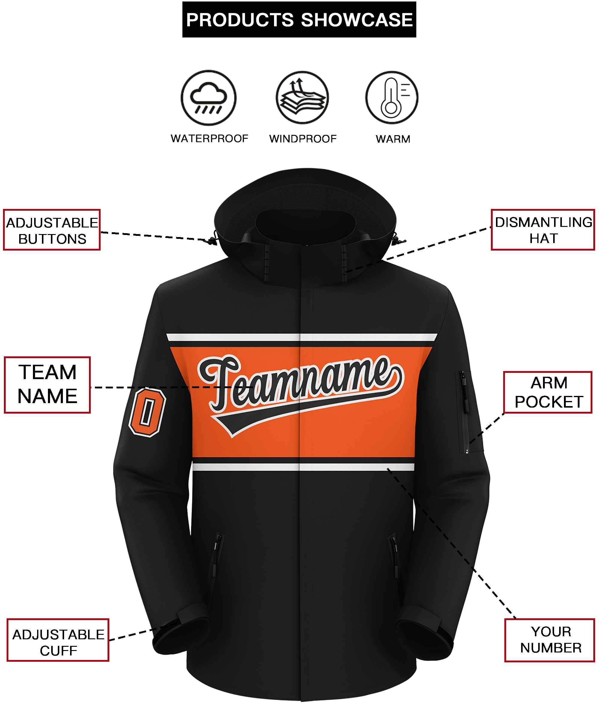 Custom Black White-Orange Color Block Personalized Outdoor Hooded Waterproof Jacket
