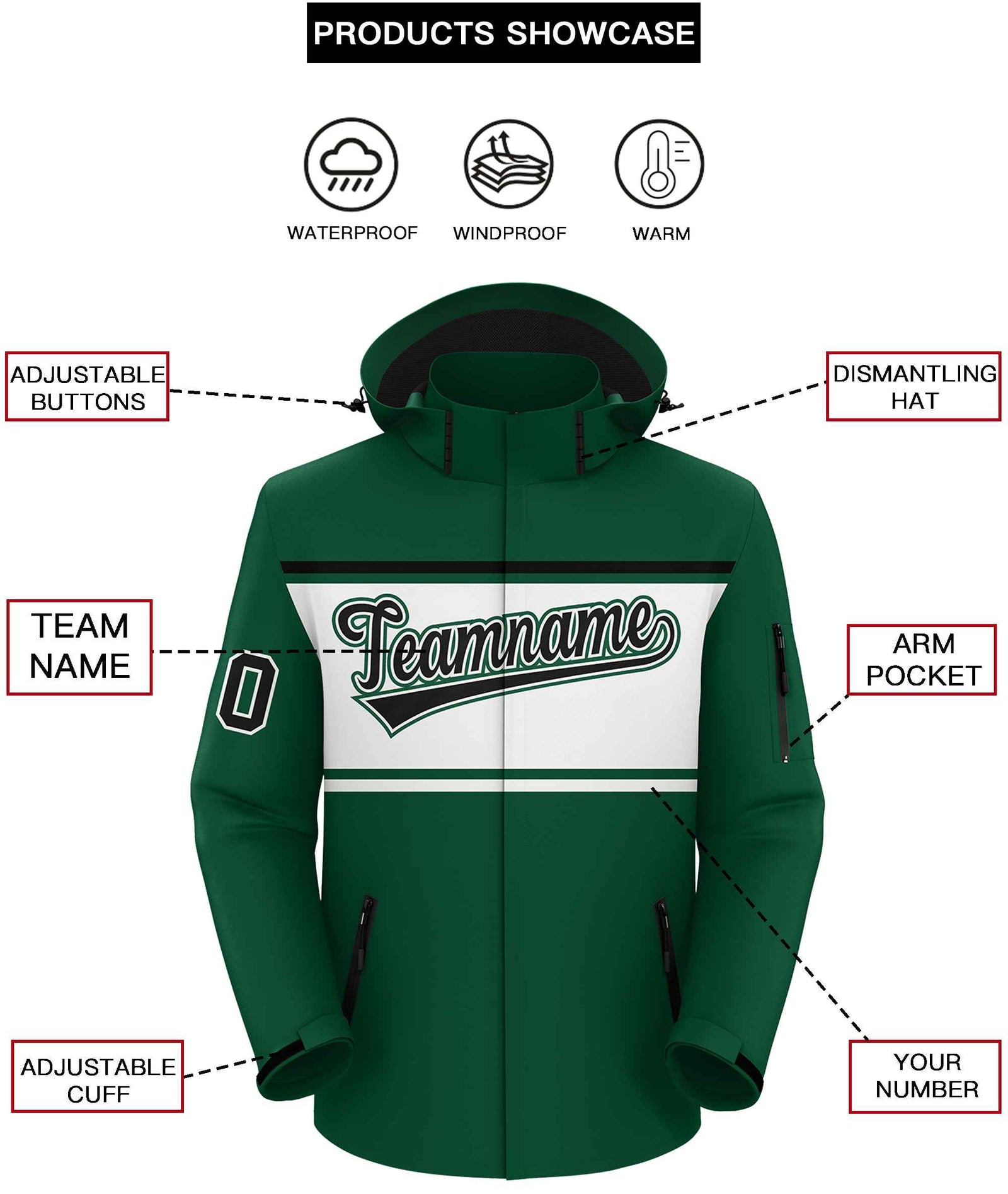 Custom Green Black-White Color Block Personalized Outdoor Hooded Waterproof Jacket