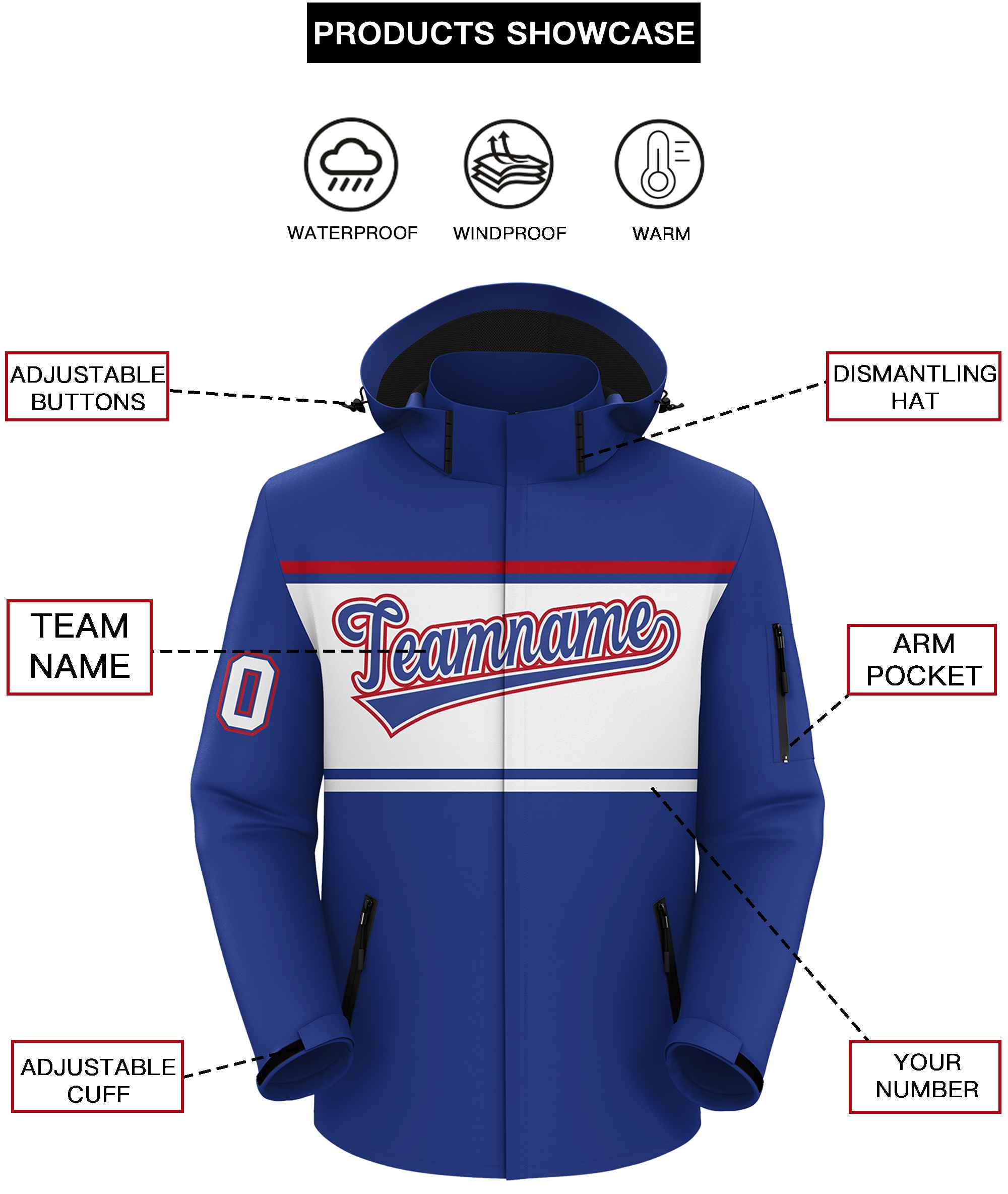 Custom Royal Red-White Color Block Personalized Outdoor Hooded Waterproof Jacket
