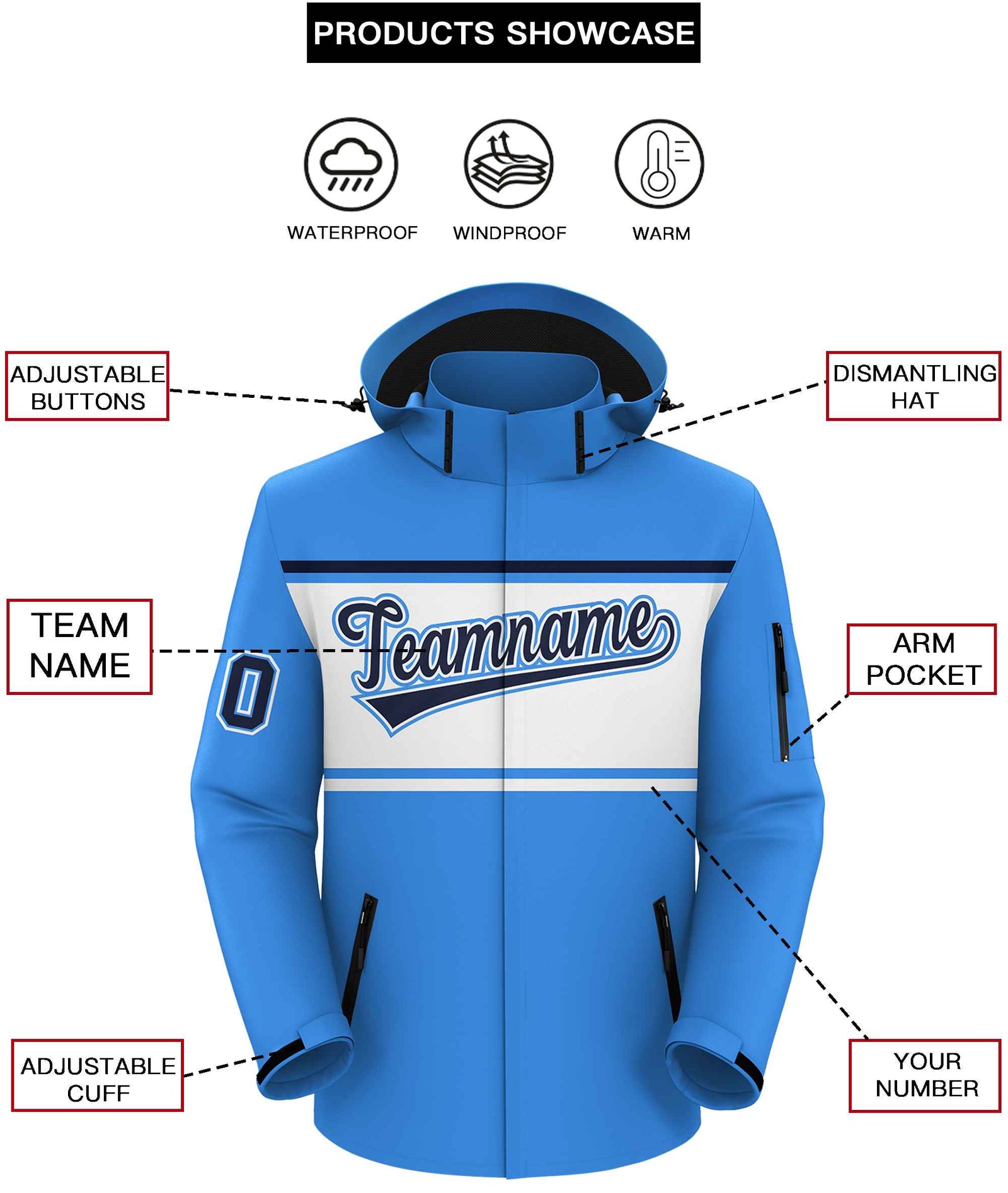 Custom Powder Blue Black-White Color Block Personalized Outdoor Hooded Waterproof Jacket