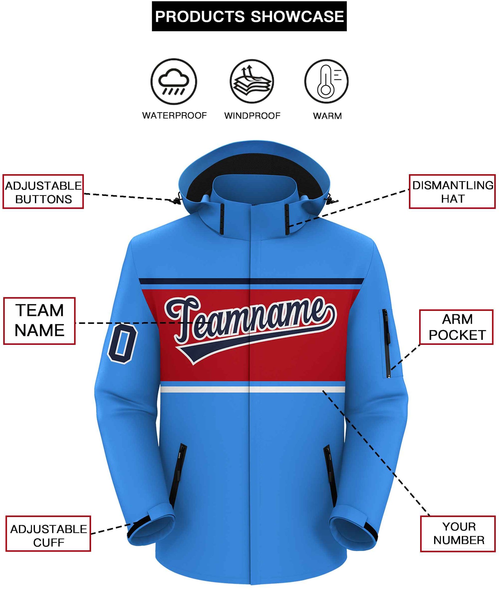 Custom Powder Blue Navy-Red Color Block Personalized Outdoor Hooded Waterproof Jacket