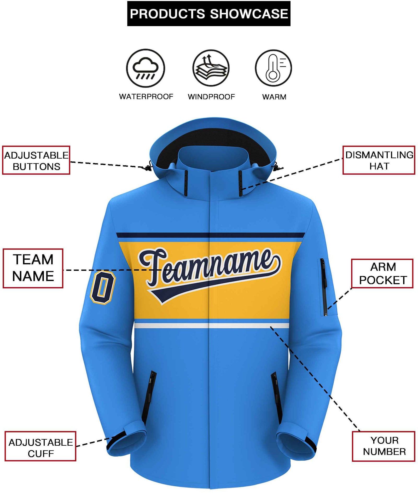 Custom Powder Blue Navy-Gold Color Block Personalized Outdoor Hooded Waterproof Jacket