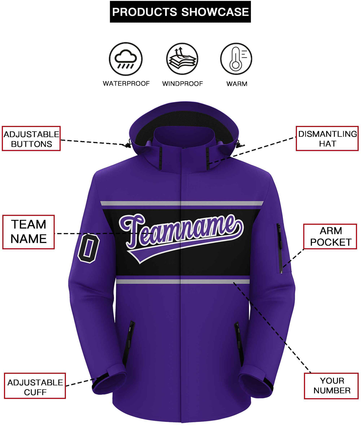 Custom Purple Gray-Black Color Block Personalized Outdoor Hooded Waterproof Jacket