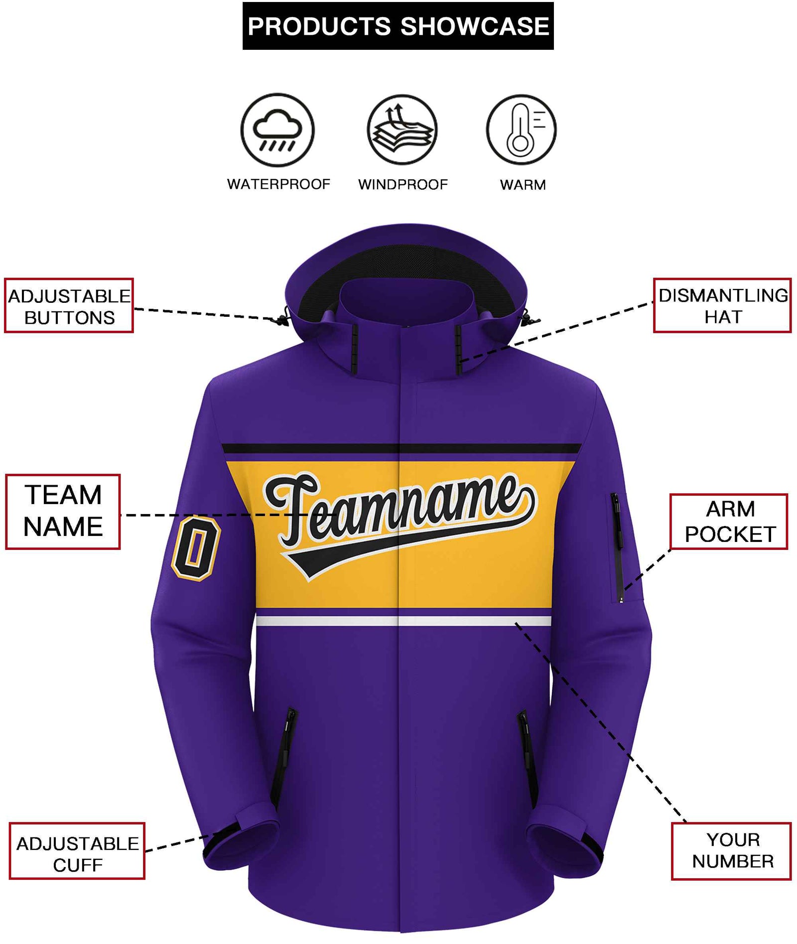 Custom Purple Black-Gold Color Block Personalized Outdoor Hooded Waterproof Jacket