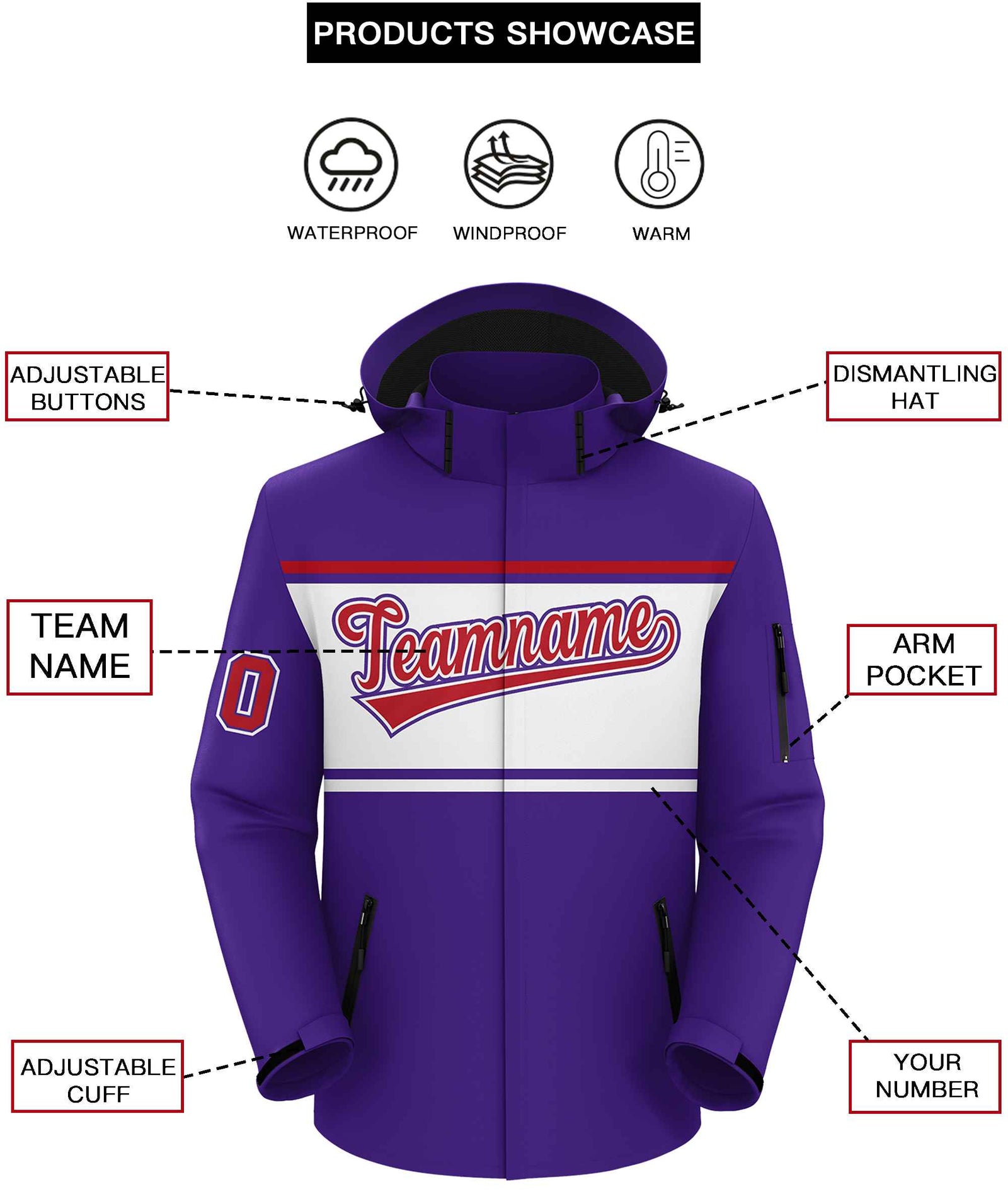 Custom Purple Red-White Color Block Personalized Outdoor Hooded Waterproof Jacket