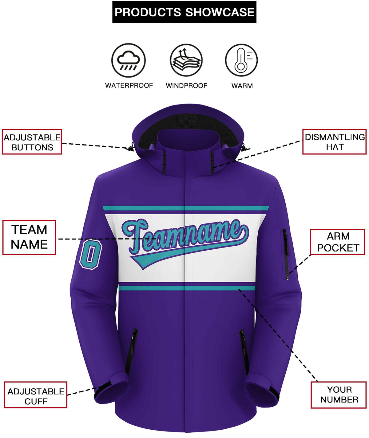 Custom Purple Aqua-White Color Block Personalized Outdoor Hooded Waterproof Jacket