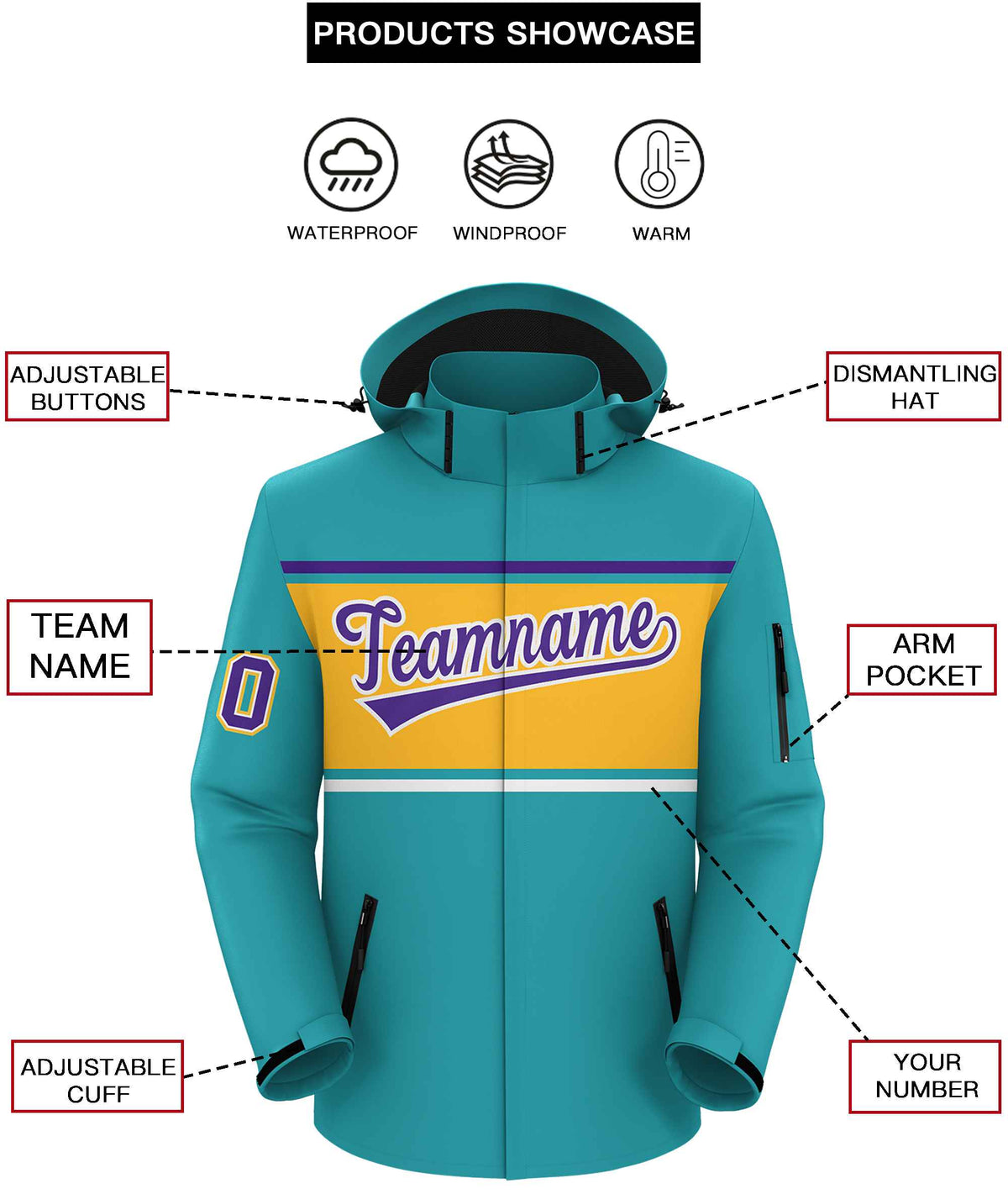 Custom Aqua Purple-Gold Color Block Personalized Outdoor Hooded Waterproof Jacket