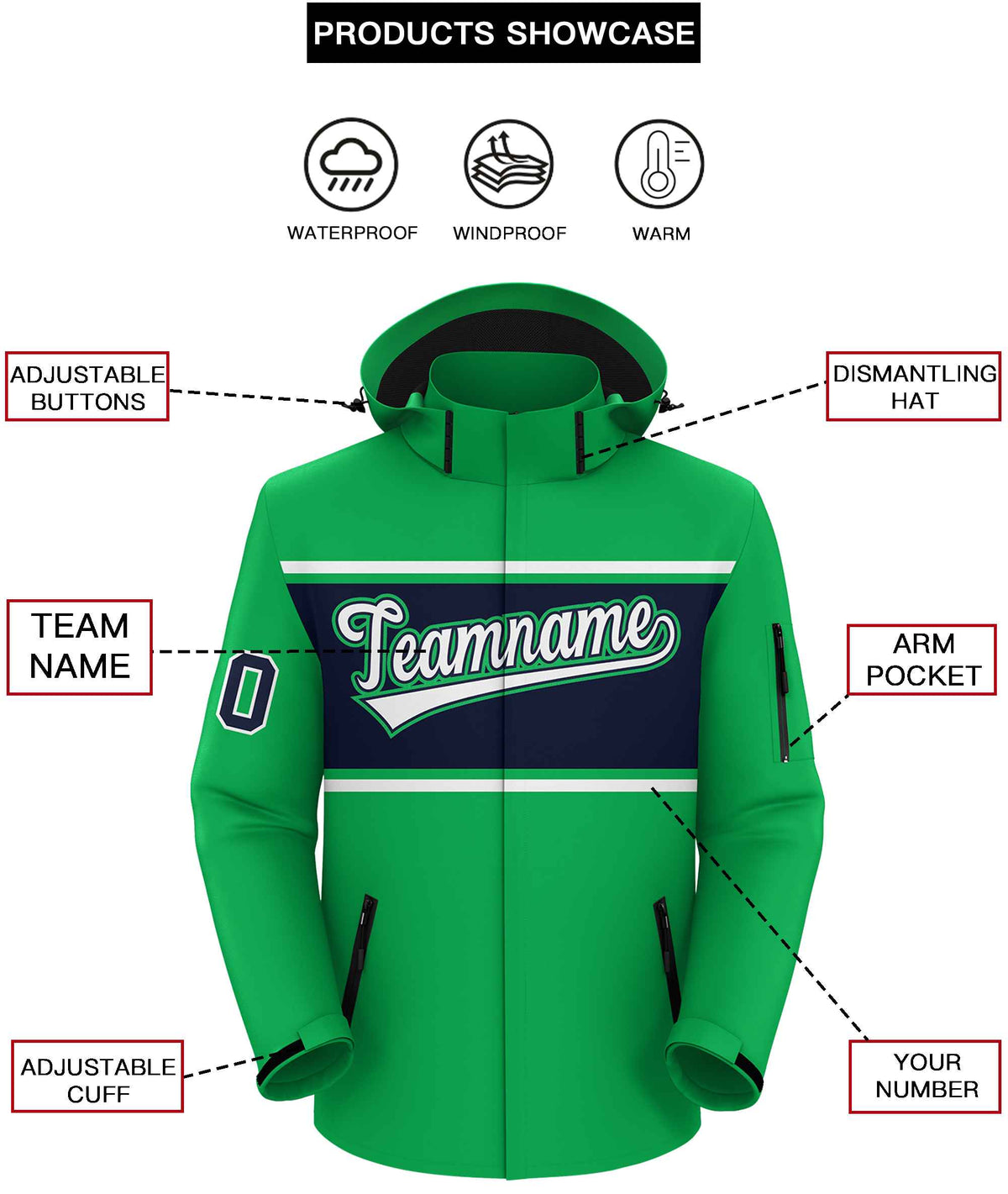 Custom Kelly Green White-Navy Color Block Personalized Outdoor Hooded Waterproof Jacket