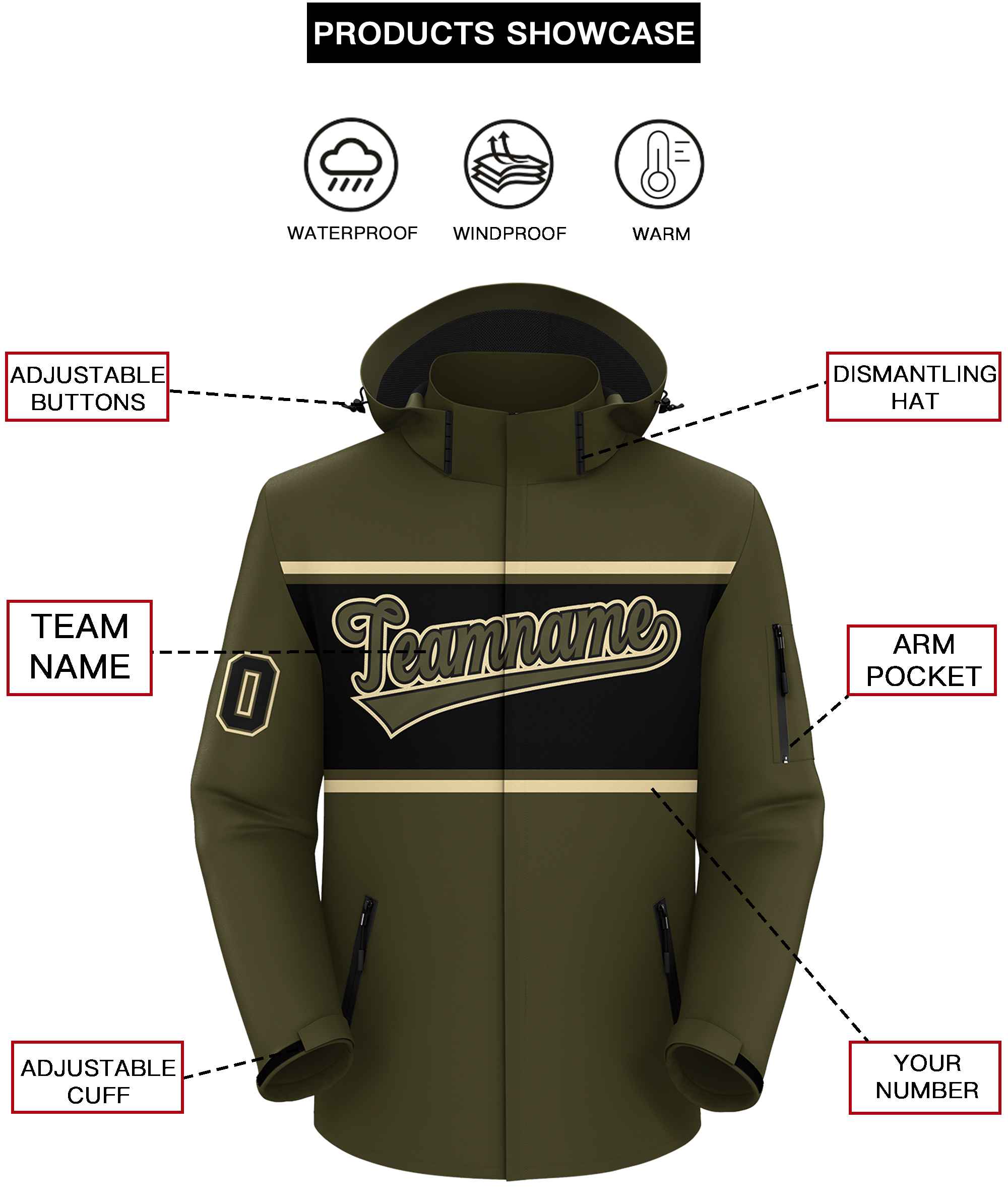 Custom Olive Khaki-Black Color Block Personalized Outdoor Hooded Waterproof Jacket
