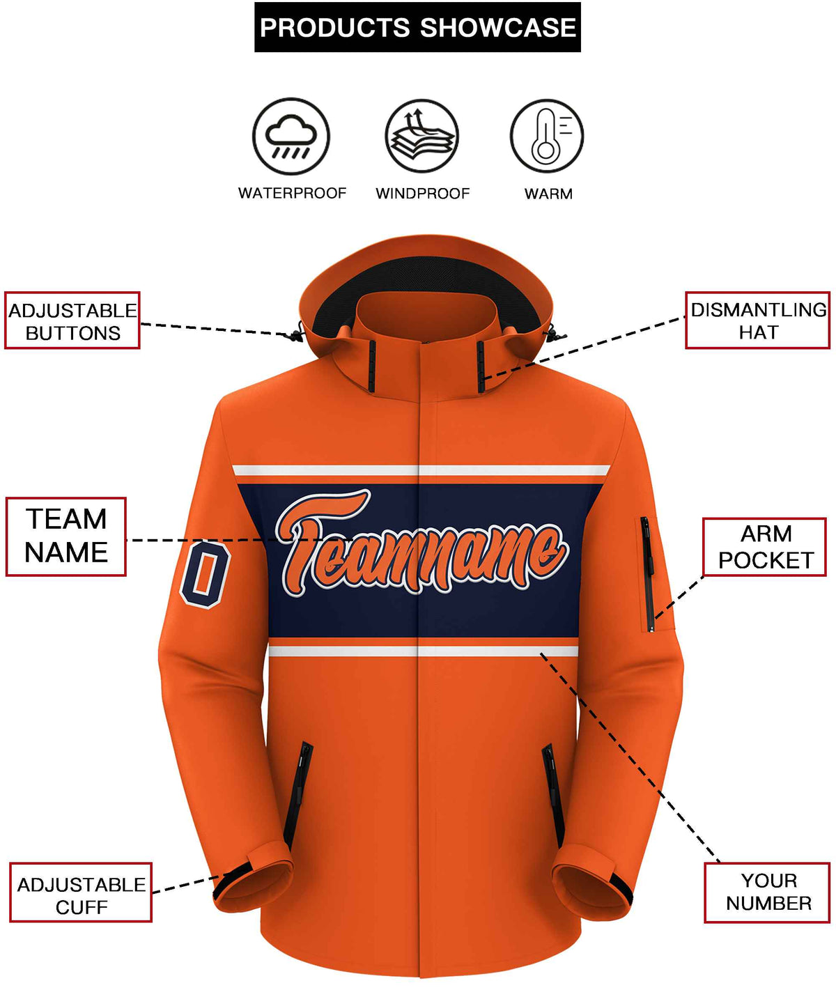 Custom Orange White-Navy Color Block Personalized Outdoor Hooded Waterproof Jacket