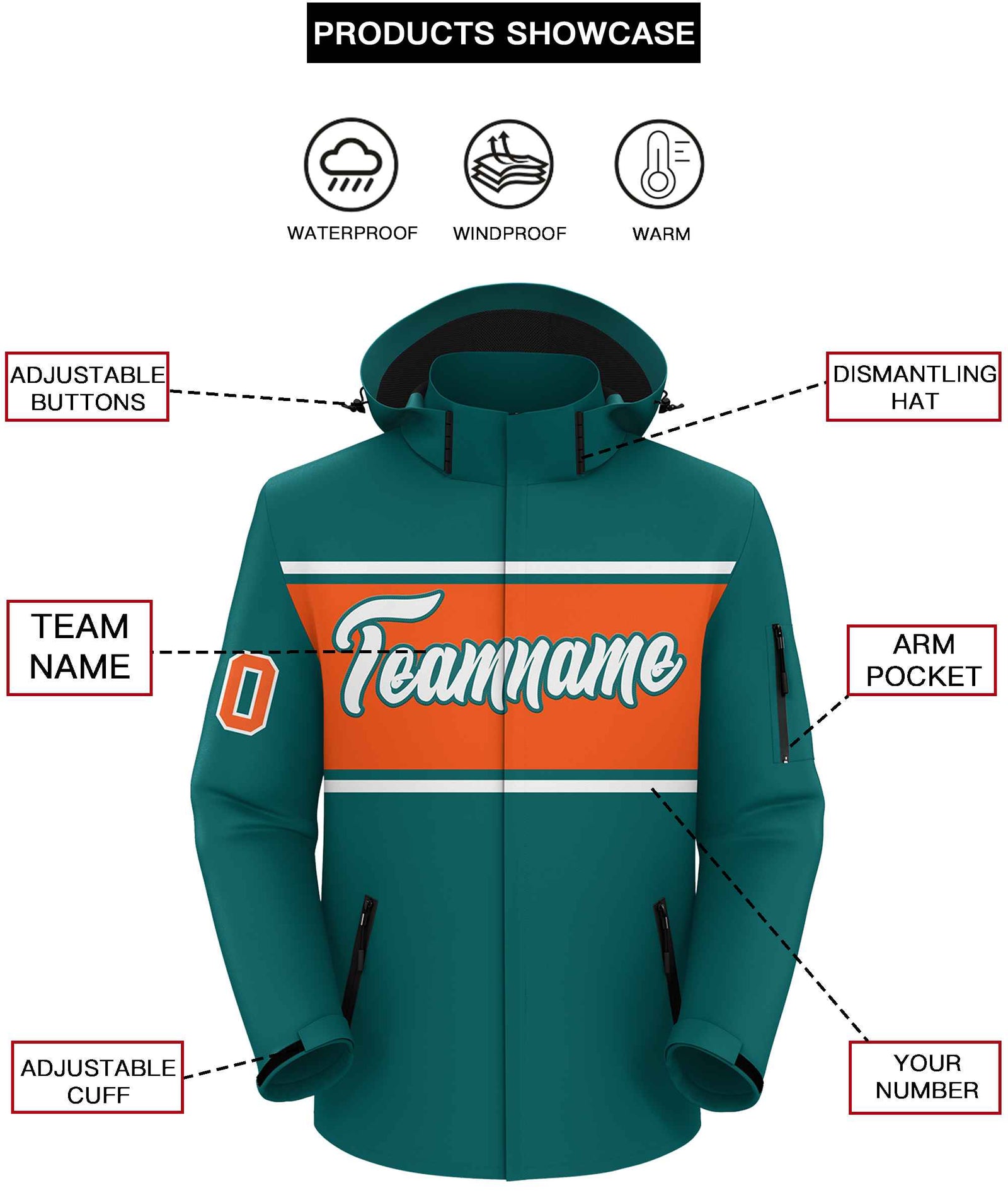 Custom Aqua White-Orange Color Block Personalized Outdoor Hooded Waterproof Jacket