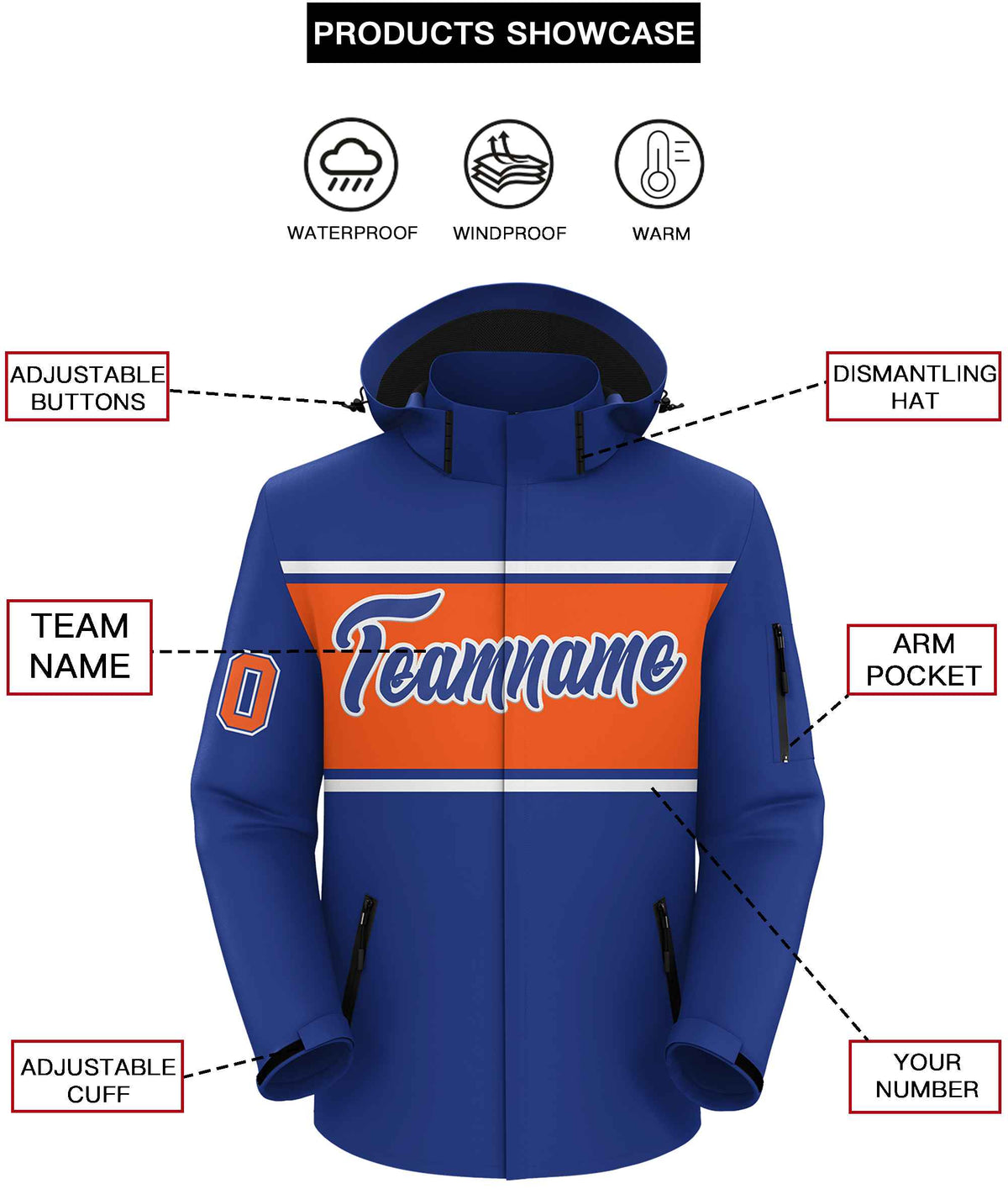 Custom Royal White-Orange Color Block Personalized Outdoor Hooded Waterproof Jacket