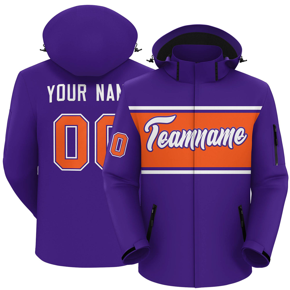 Custom Purple White-Orange Color Block Personalized Outdoor Hooded Waterproof Jacket