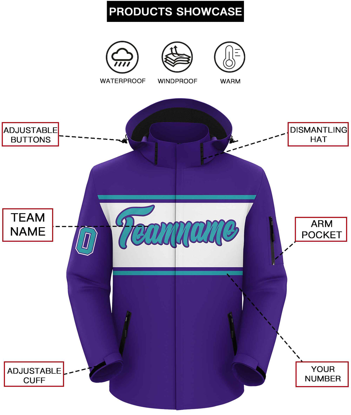 Custom Purple Aqua-White Color Block Personalized Outdoor Hooded Waterproof Jacket