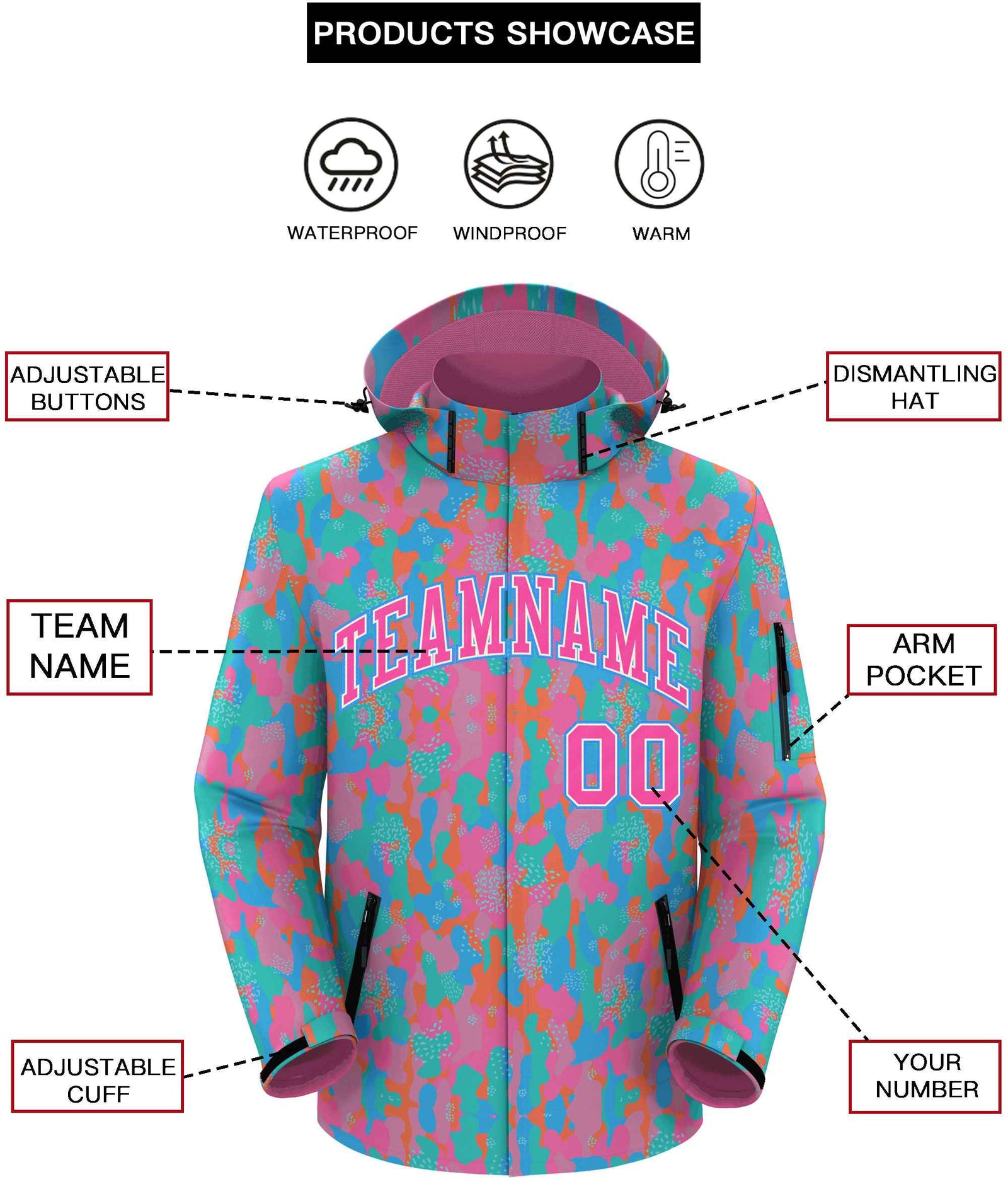 Custom Pink Cream-Powder Blue Camo Outdoor Windbreaker Personalized Waterproof Jacket