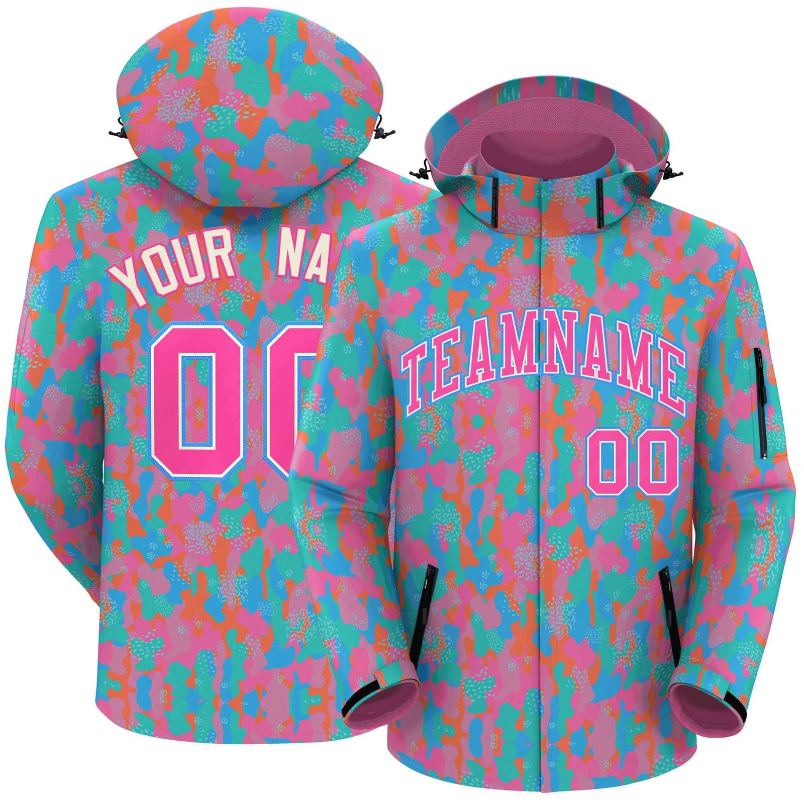 Custom Pink Cream-Powder Blue Camo Outdoor Windbreaker Personalized Waterproof Jacket