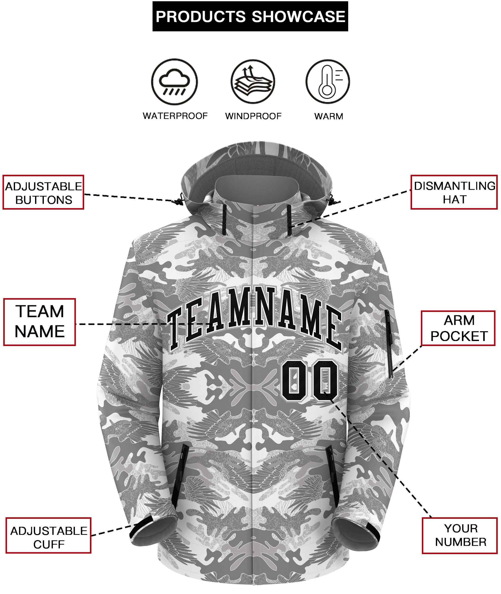 Custom Gray Black-White Camo Outdoor Windbreaker Personalized Waterproof Jacket