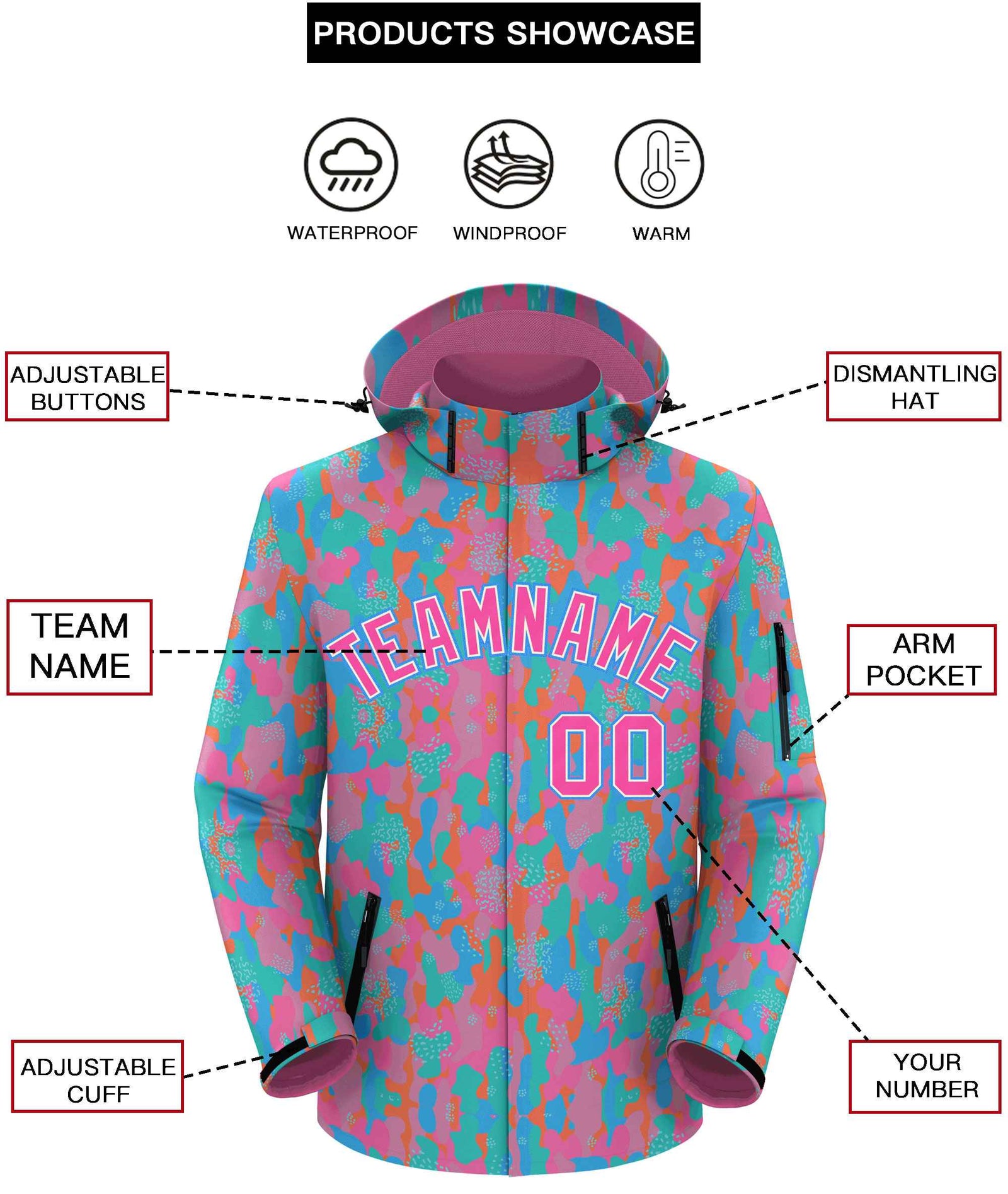 Custom Pink Cream-Powder Blue Camo Outdoor Windbreaker Personalized Waterproof Jacket