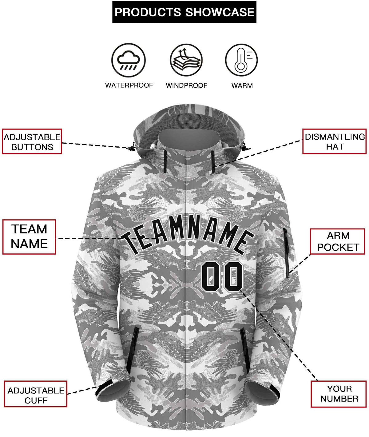 Custom Gray Black-White Camo Outdoor Windbreaker Personalized Waterproof Jacket