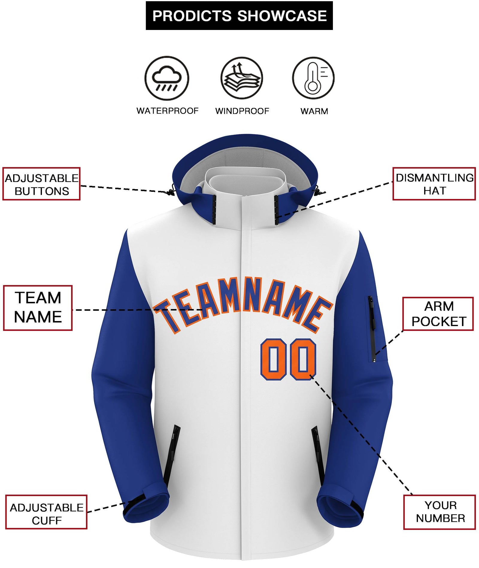 Custom White Royal-Orange Raglan Sleeves Waterproof Jacket