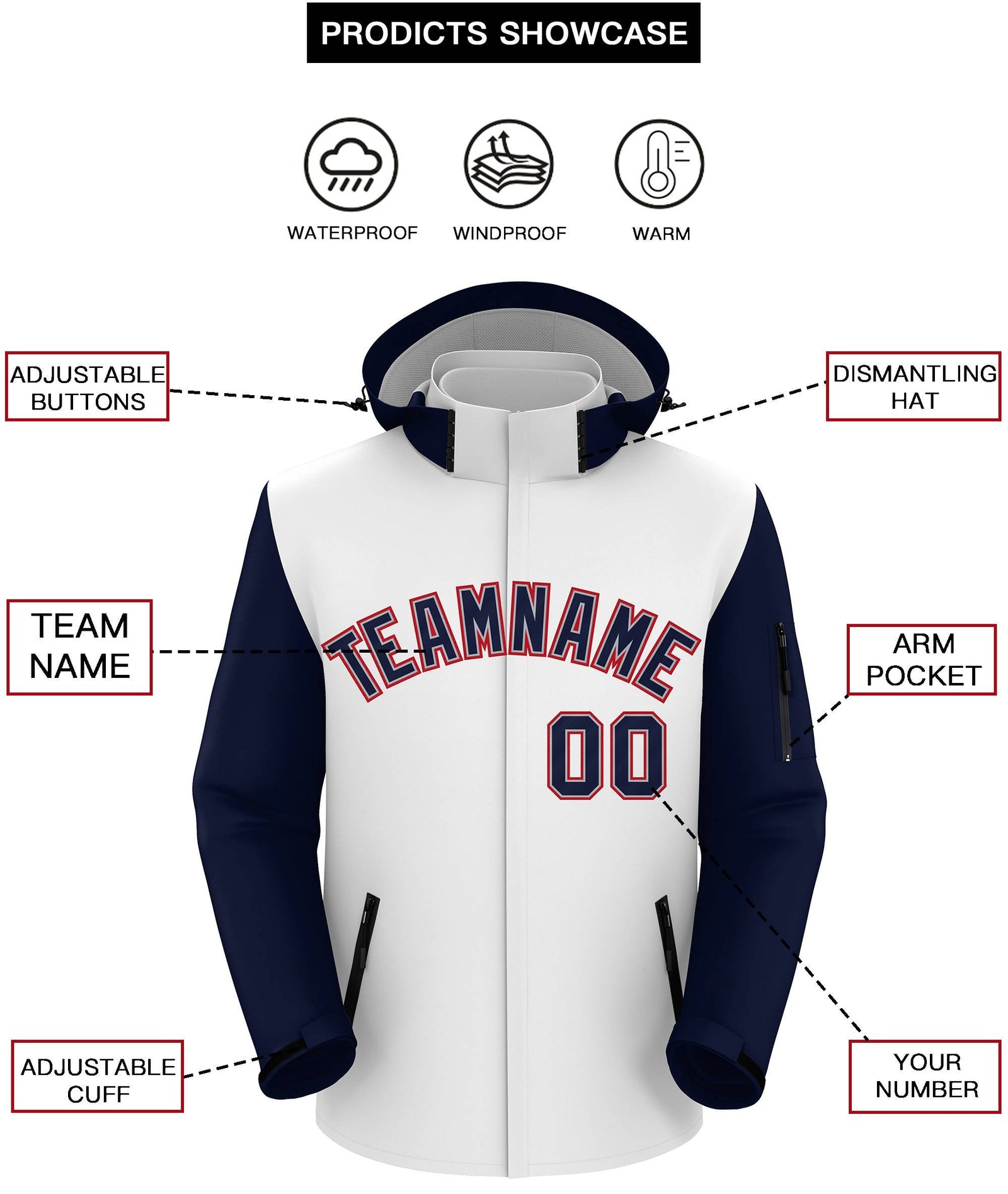 Custom White Navy-Red Raglan Sleeves Waterproof Jacket