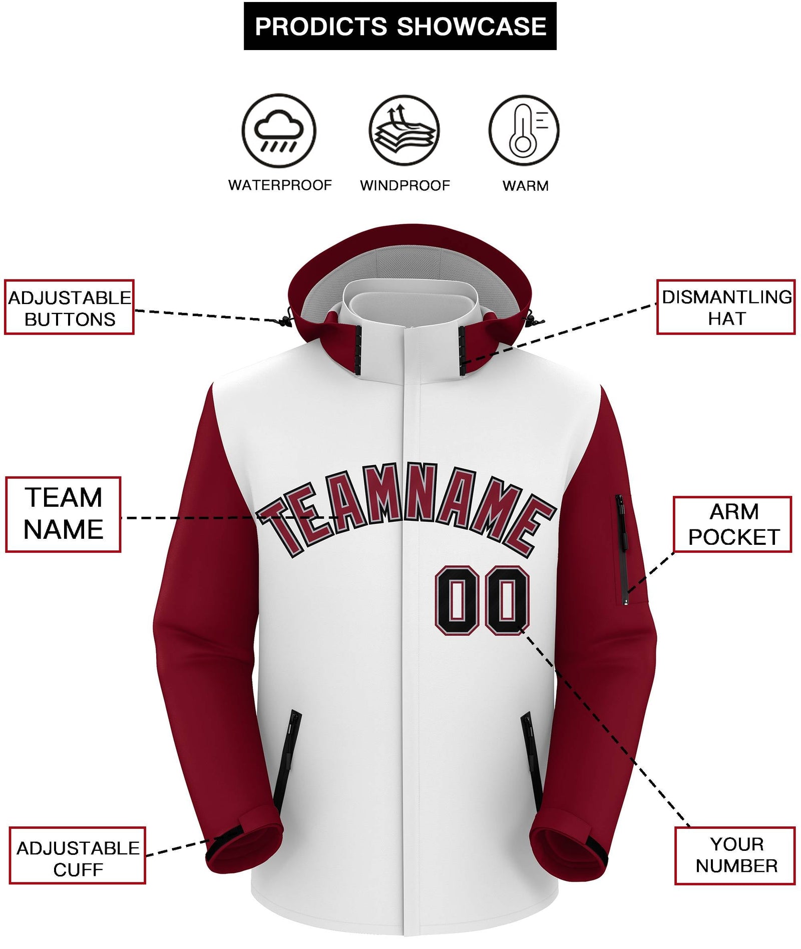 Custom White Crimson-Black Raglan Sleeves Waterproof Jacket