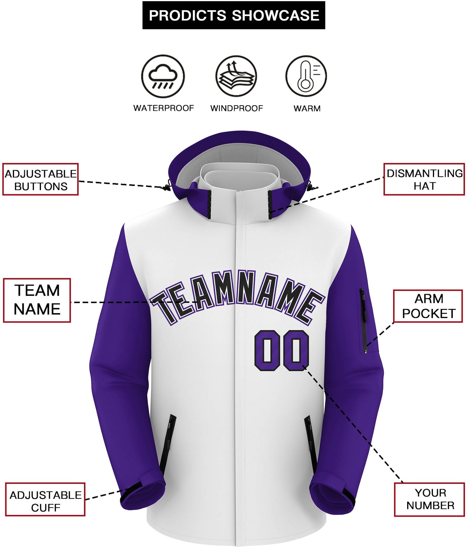 Custom White Purple-Black Raglan Sleeves Waterproof Jacket
