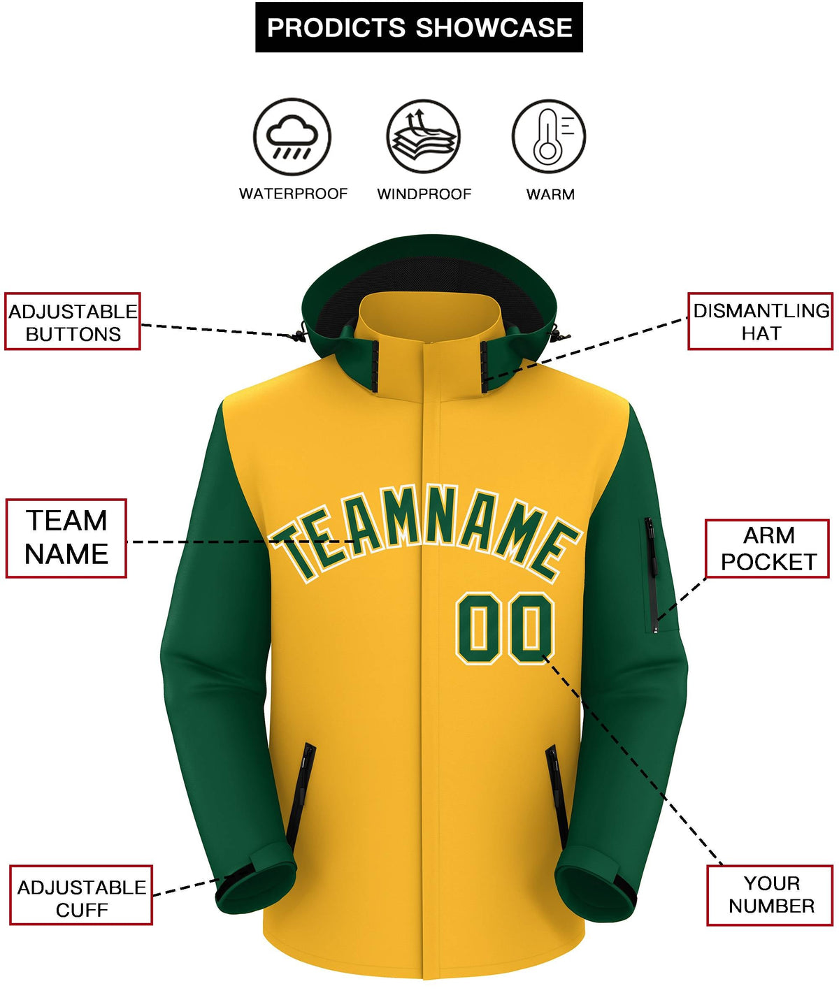 Custom Gold Green-White Raglan Sleeves Waterproof Jacket