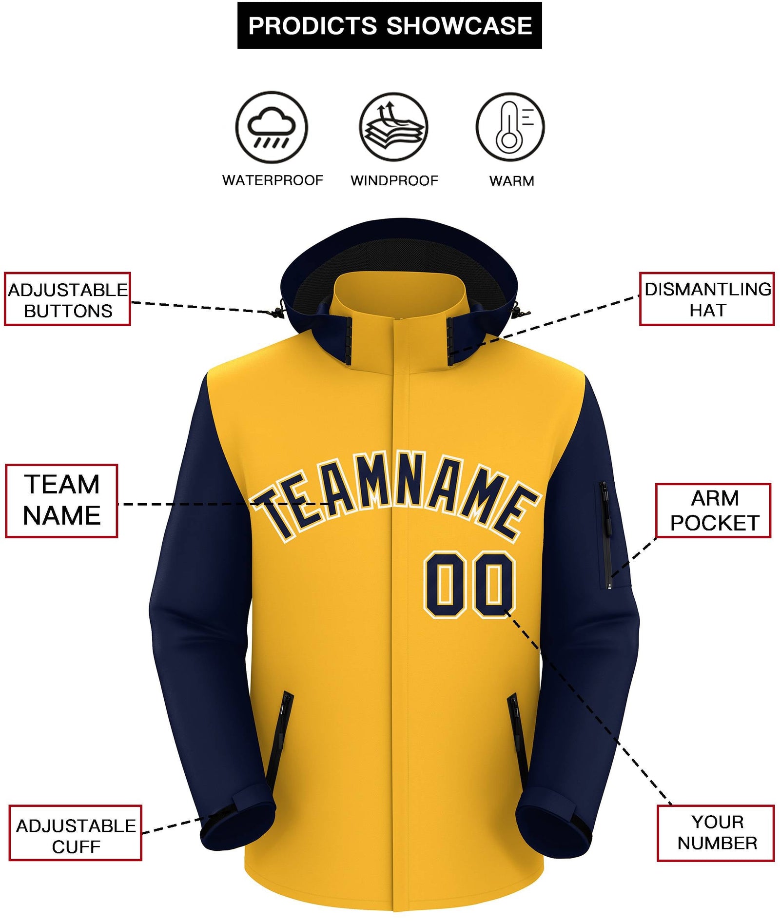Custom Gold Navy-White Raglan Sleeves Waterproof Jacket